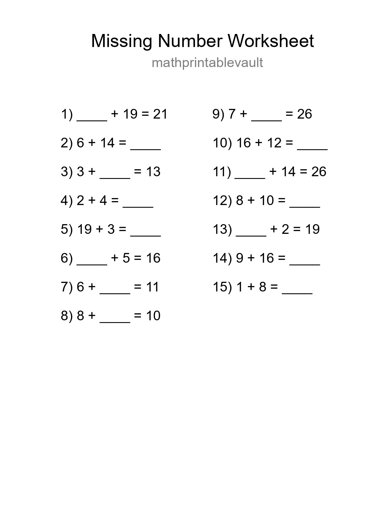 Missing Number Math Worksheet