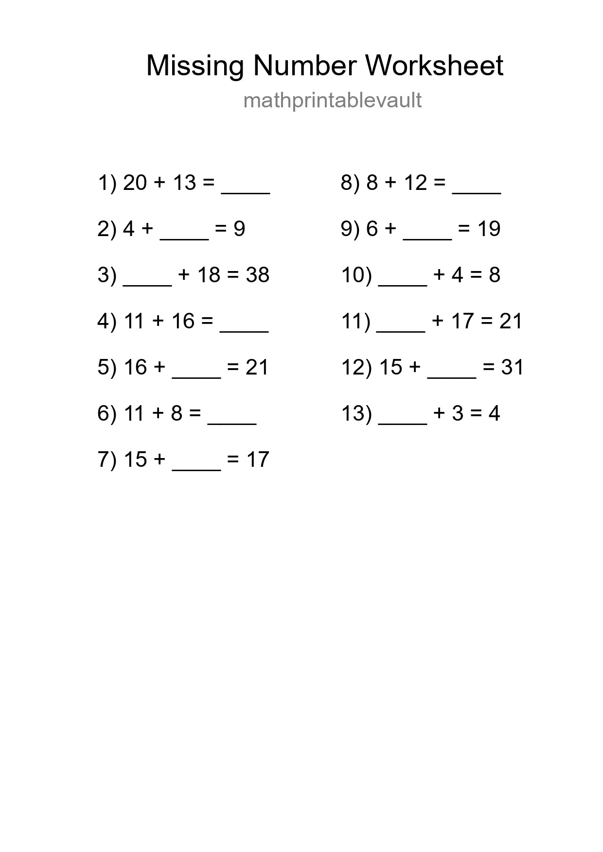 Printable Missing Number Worksheet for Grade 1