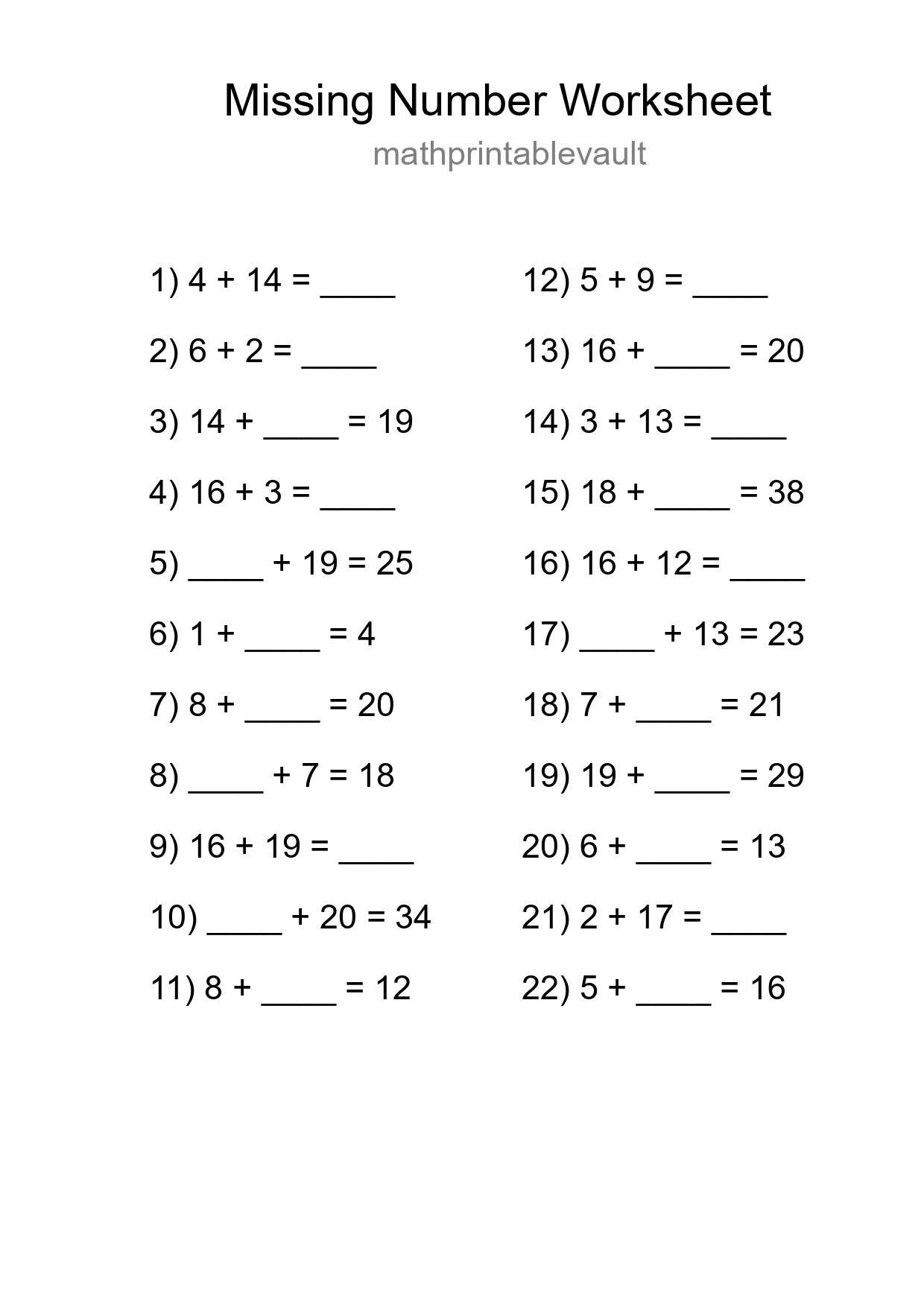 Missing Number Math Worksheet
