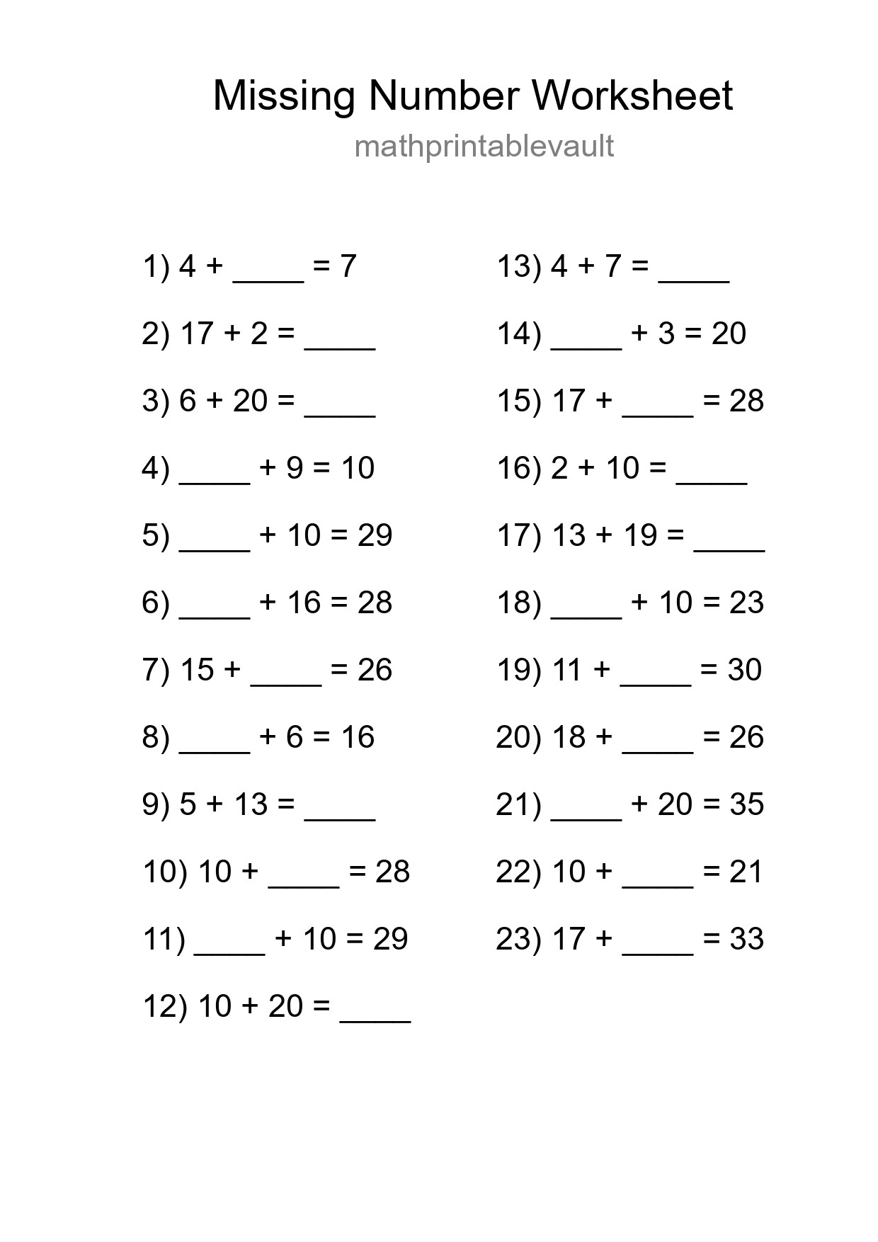 Printable Missing Number Worksheet for Grade 1