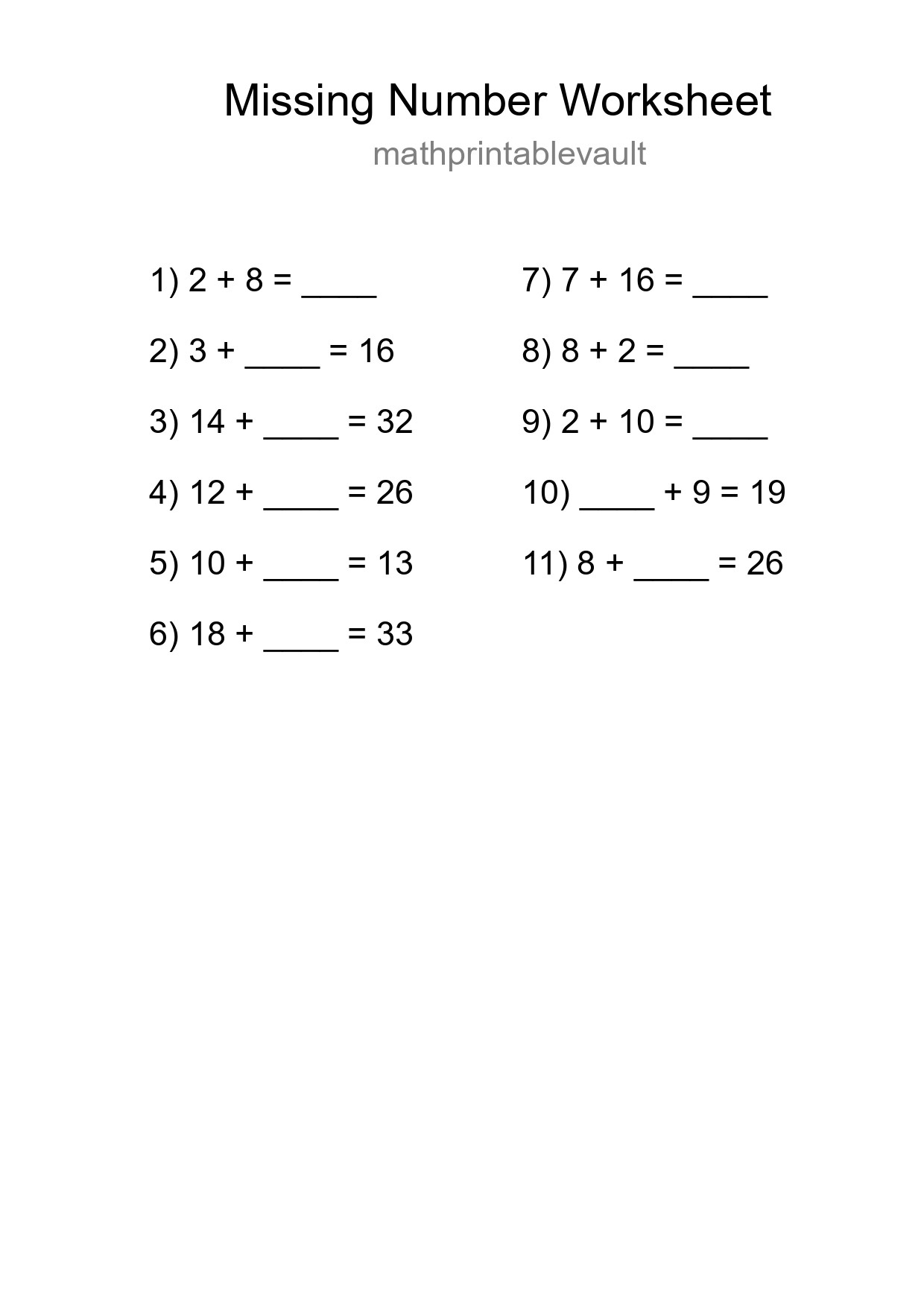 Missing Number Math Worksheet
