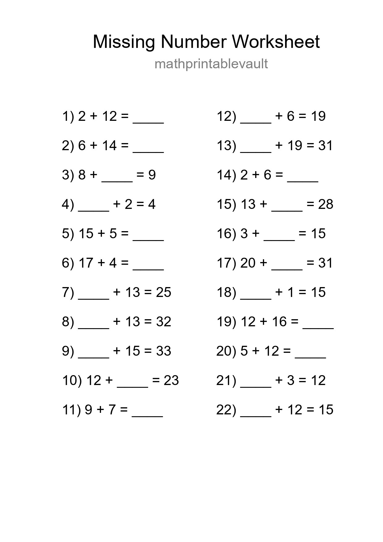 Missing Number Math Worksheet