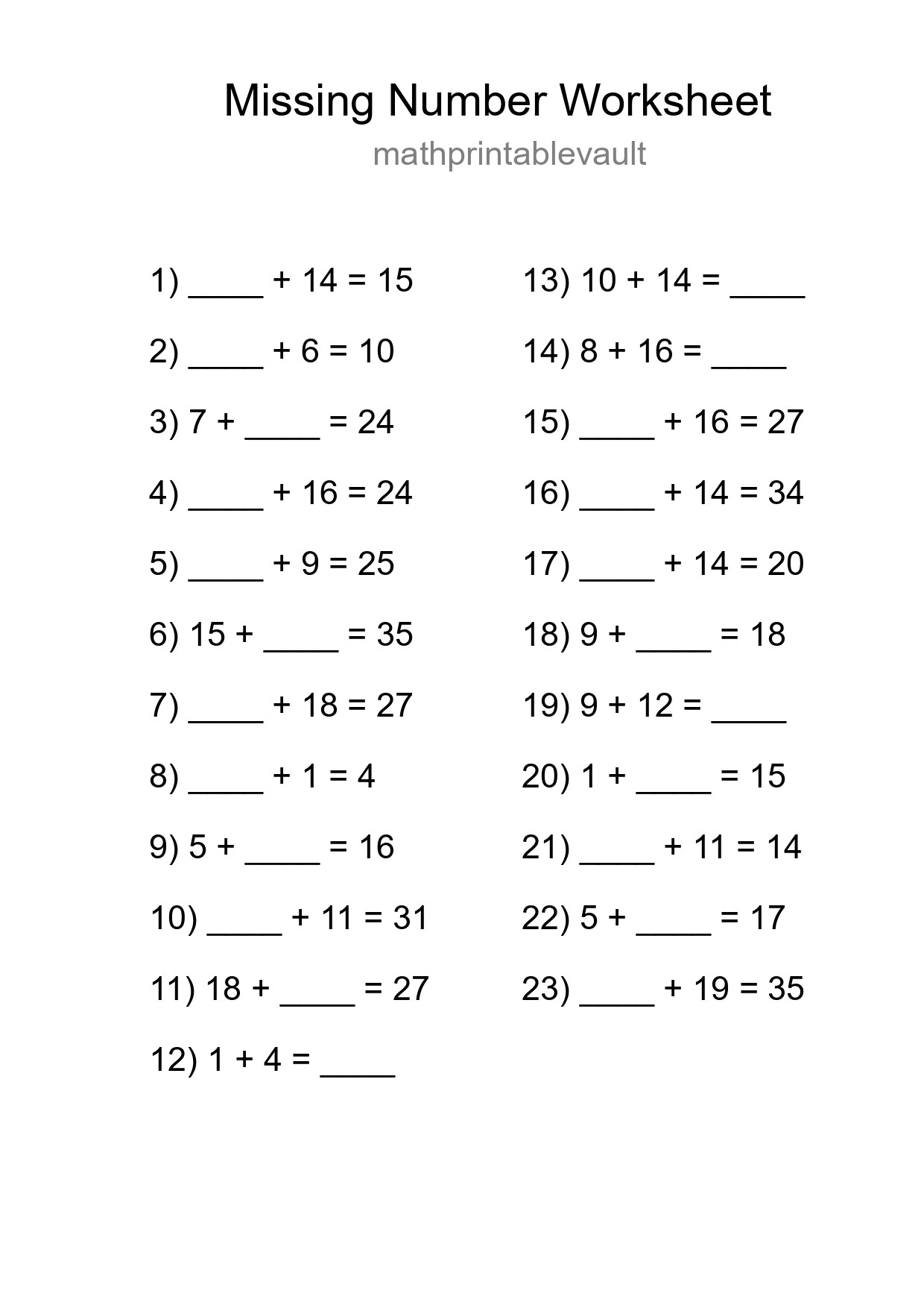 Printable Missing Number Worksheet for Grade 1