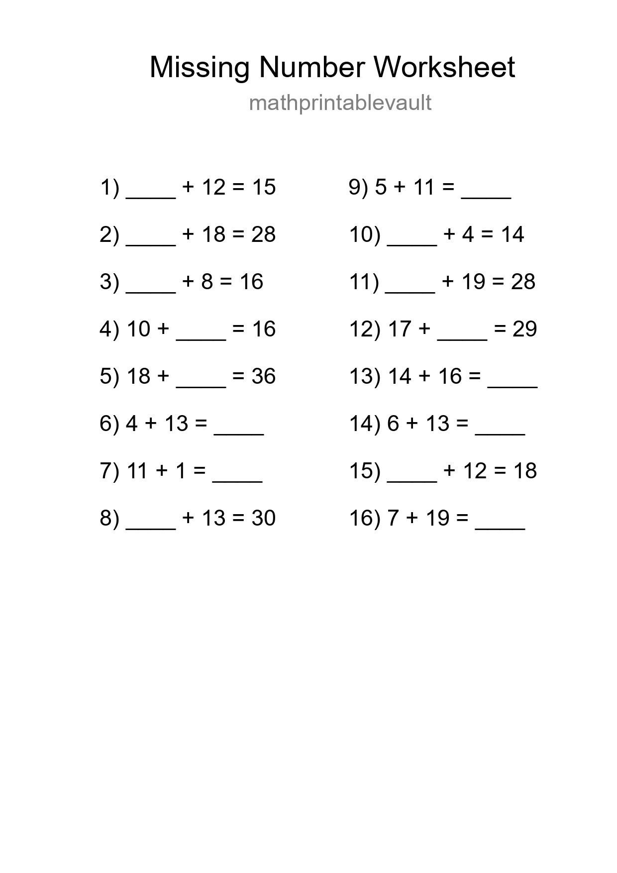 Missing Number Math Worksheet