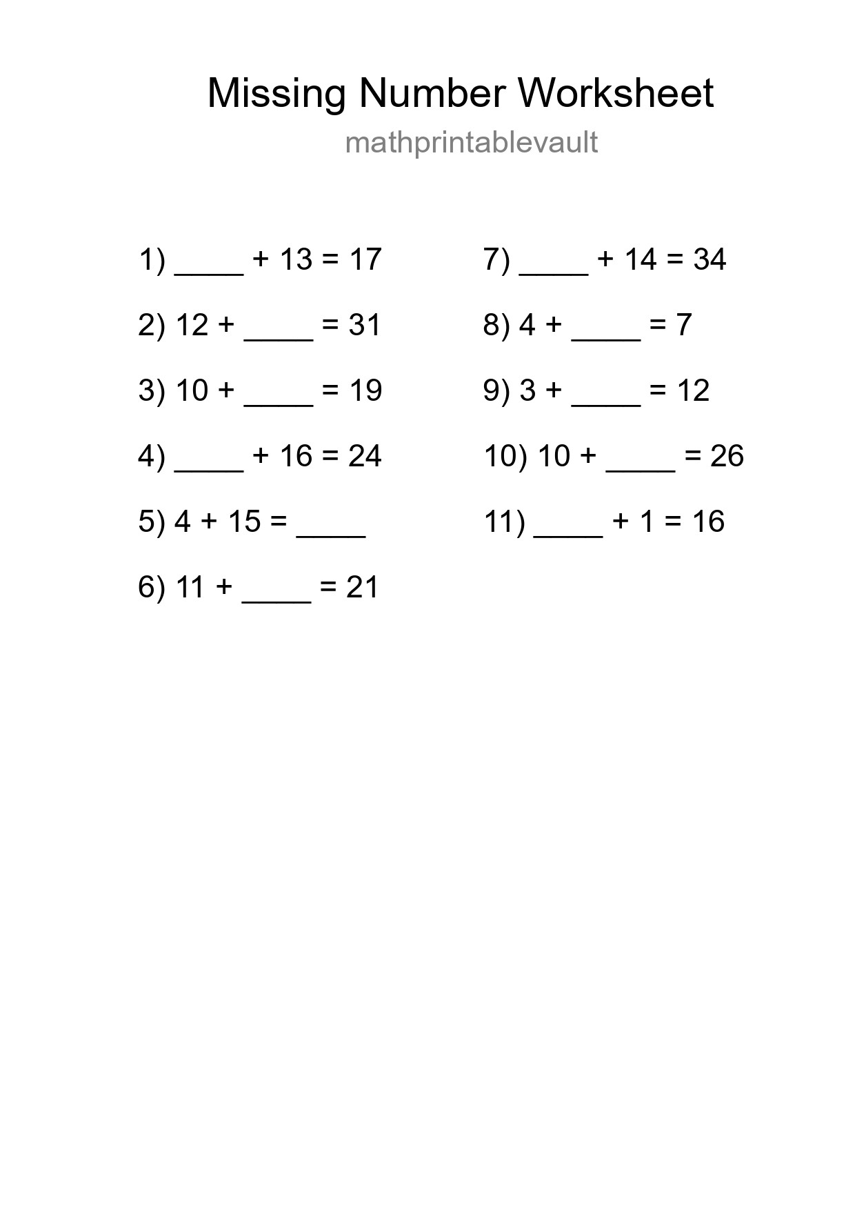 Printable Missing Number Worksheet for Grade 1