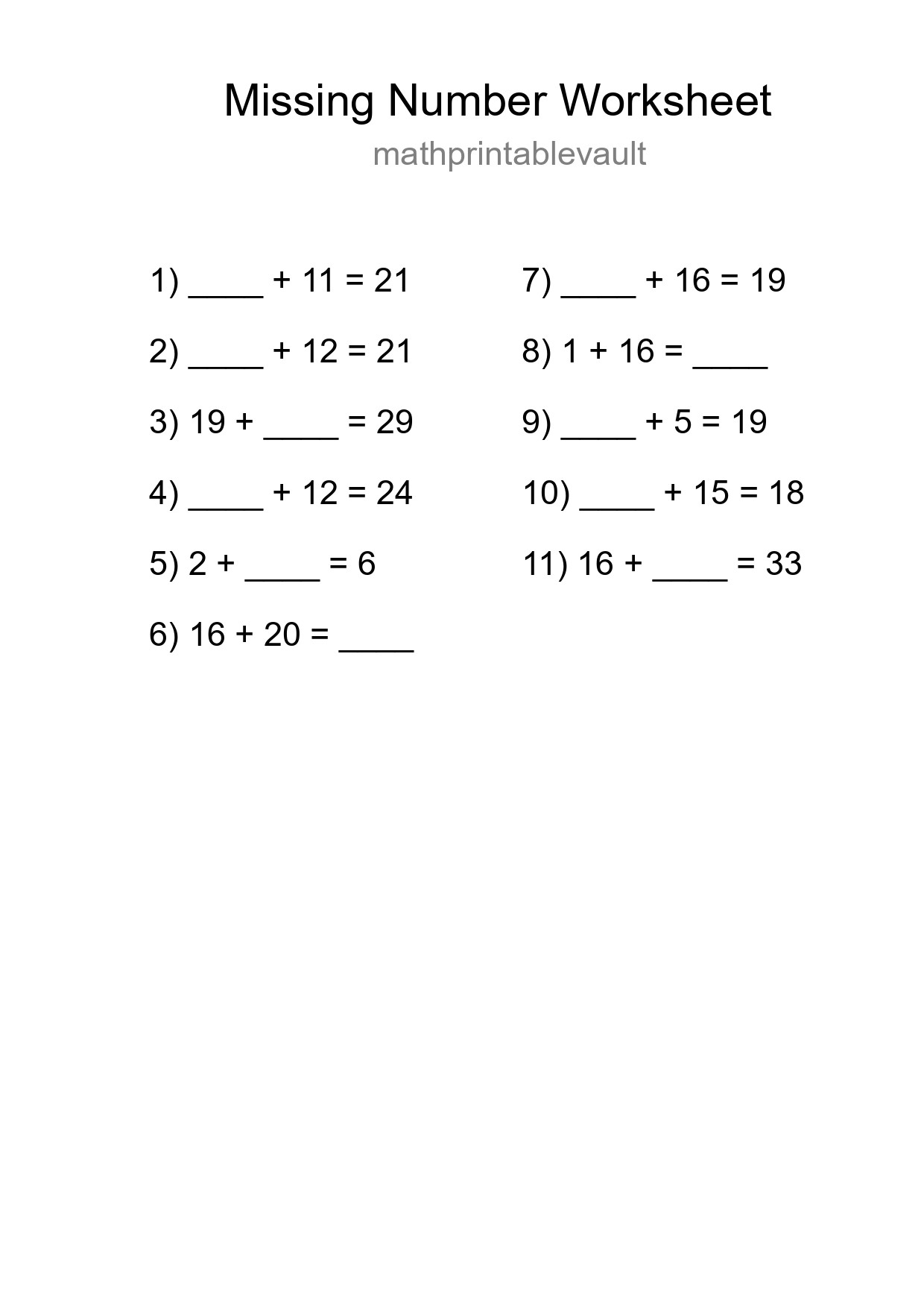 Missing Number Math Worksheet