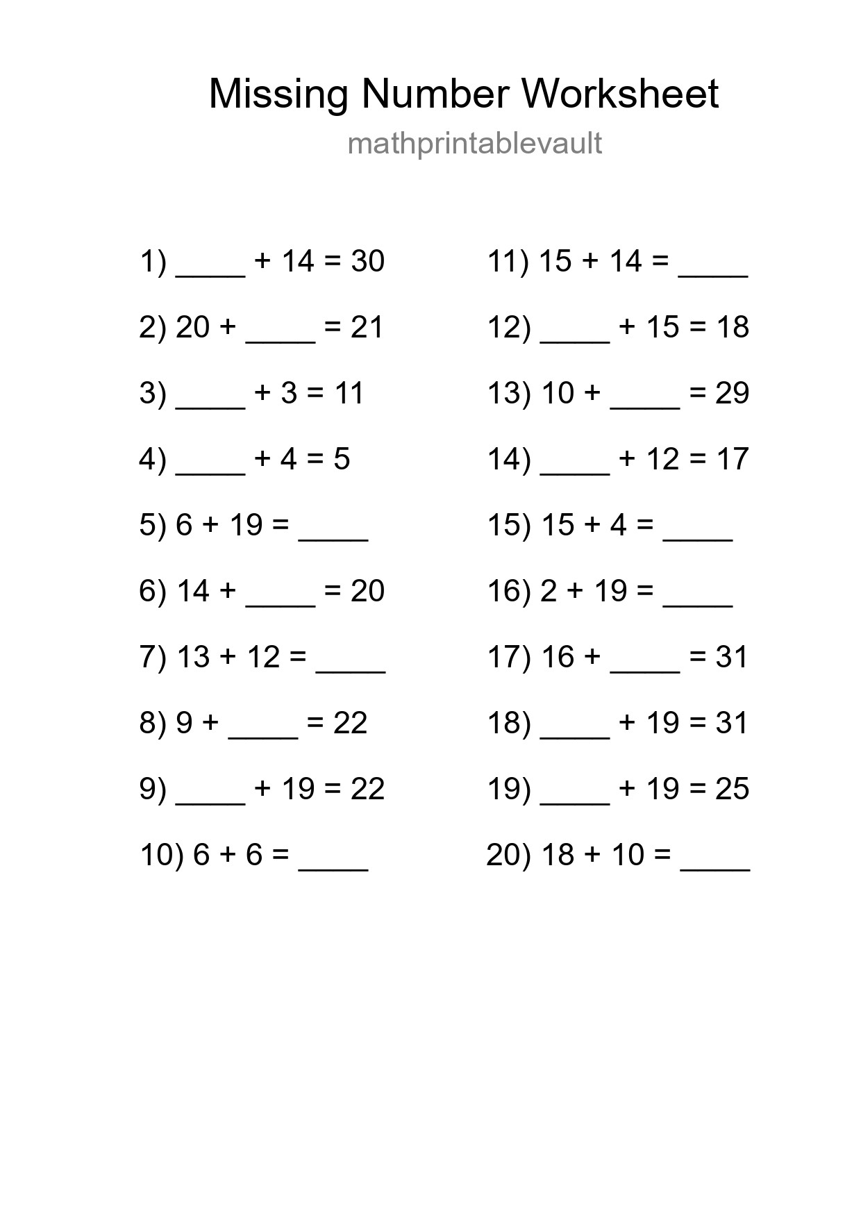 Missing Number Math Worksheet