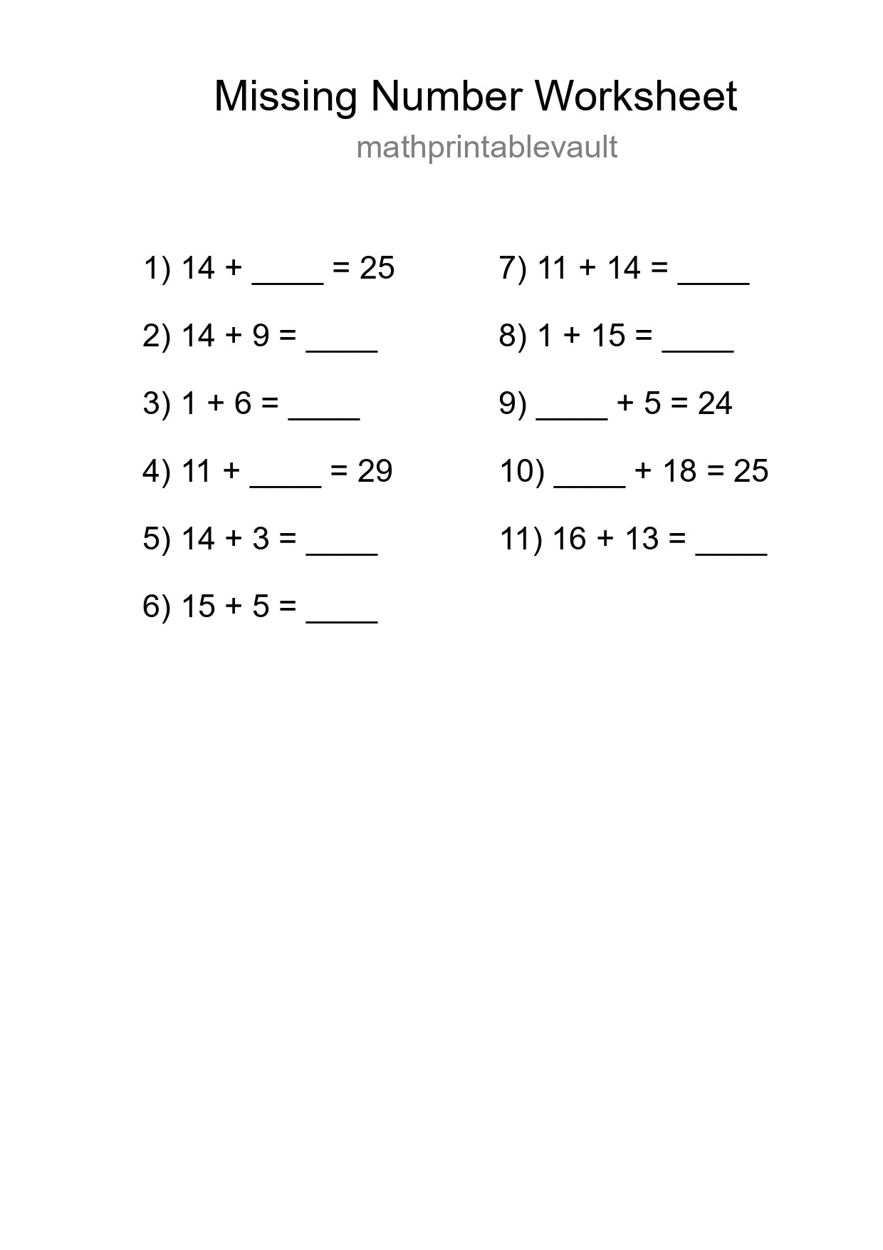 Missing Number Math Worksheet