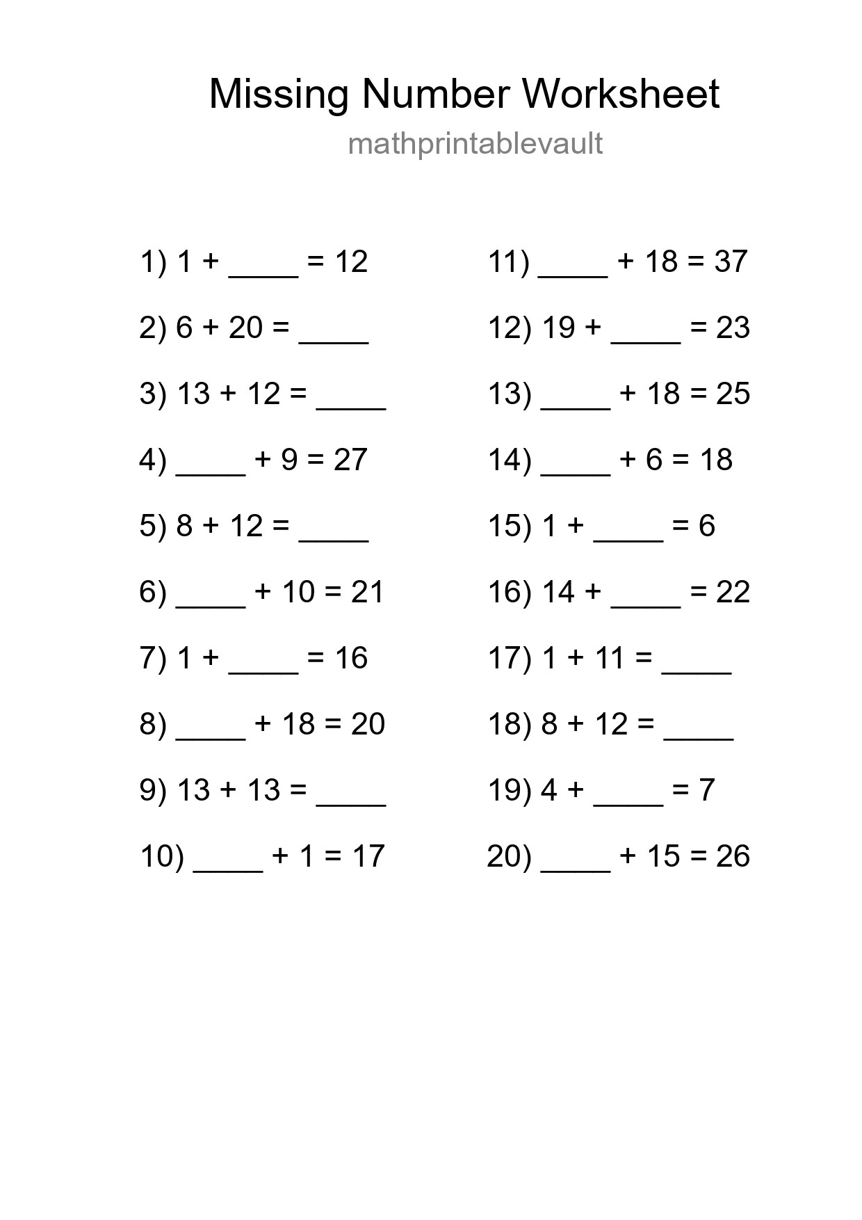 Printable Missing Number Worksheet for Grade 1