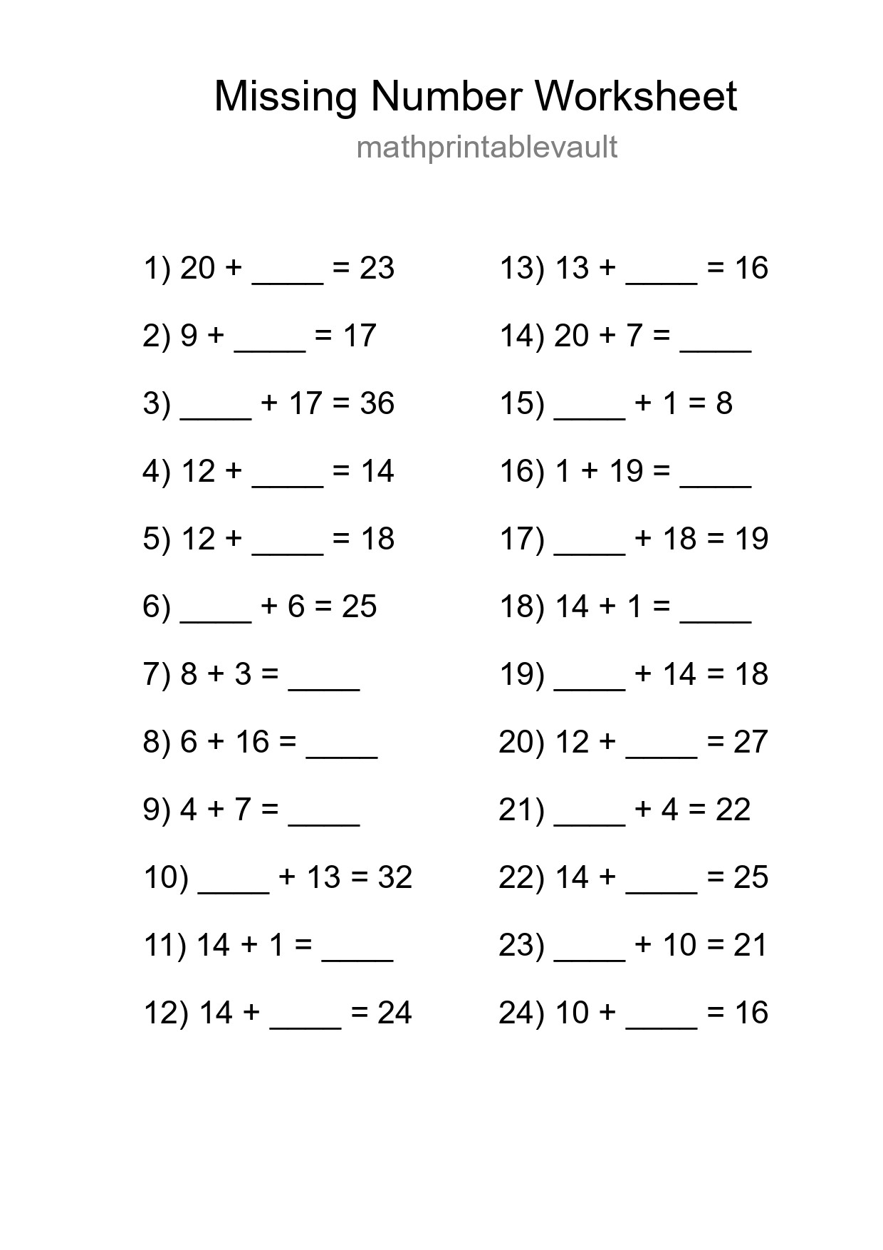 Missing Number Math Worksheet