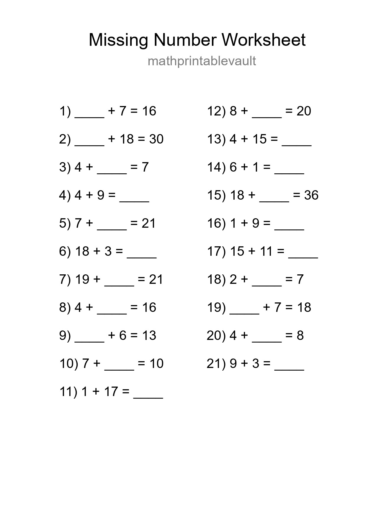 Printable Missing Number Worksheet for Grade 1