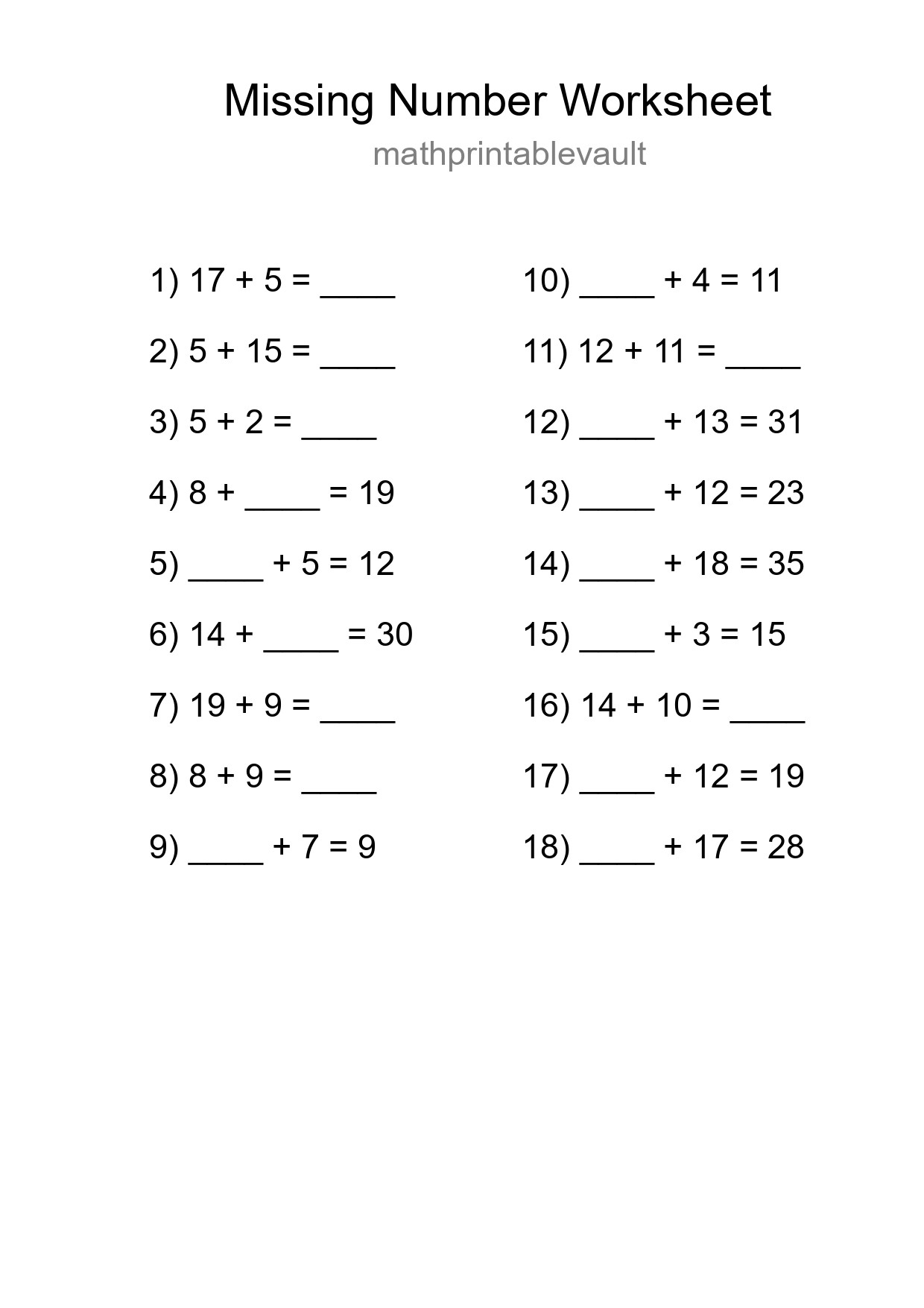 Missing Number Math Worksheet
