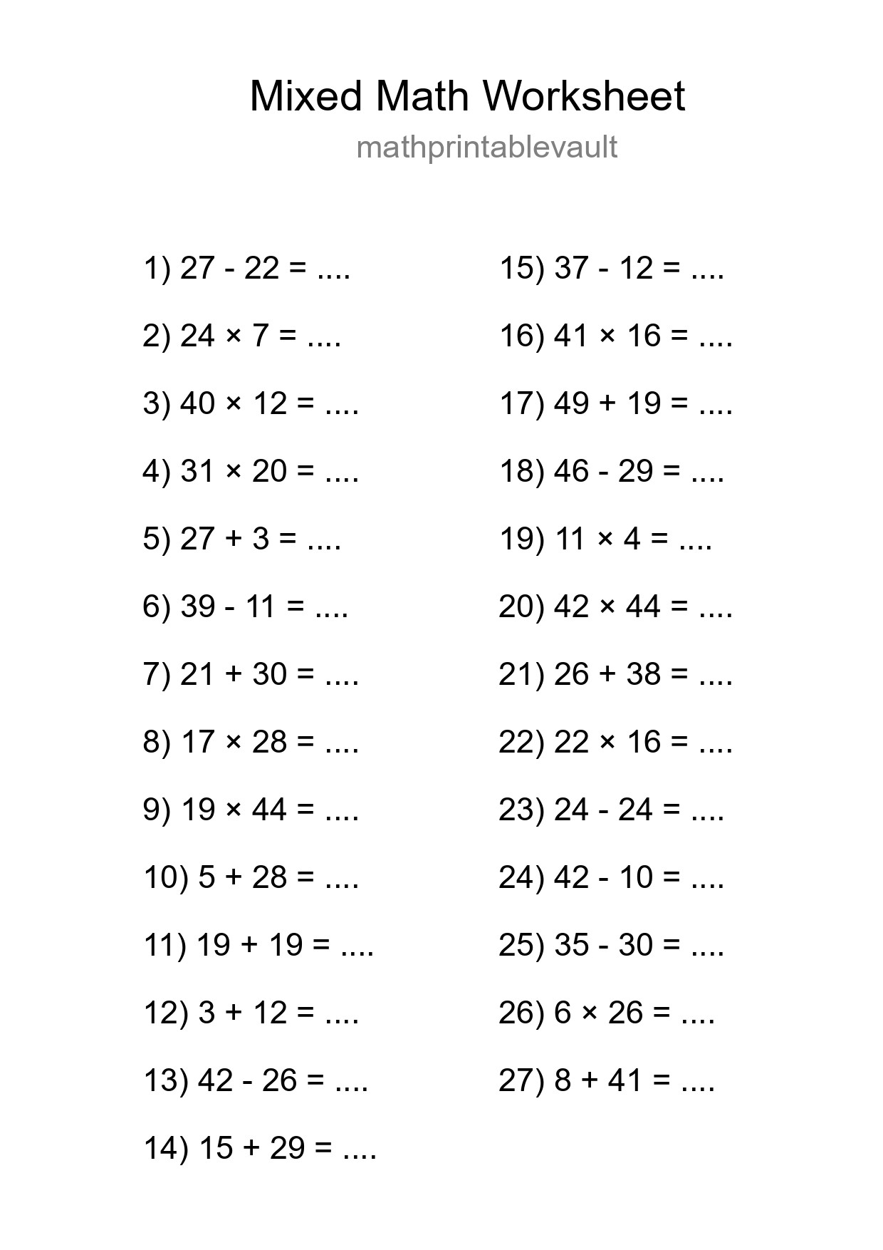 Printable Mixed Operations Worksheet for Grade 3
