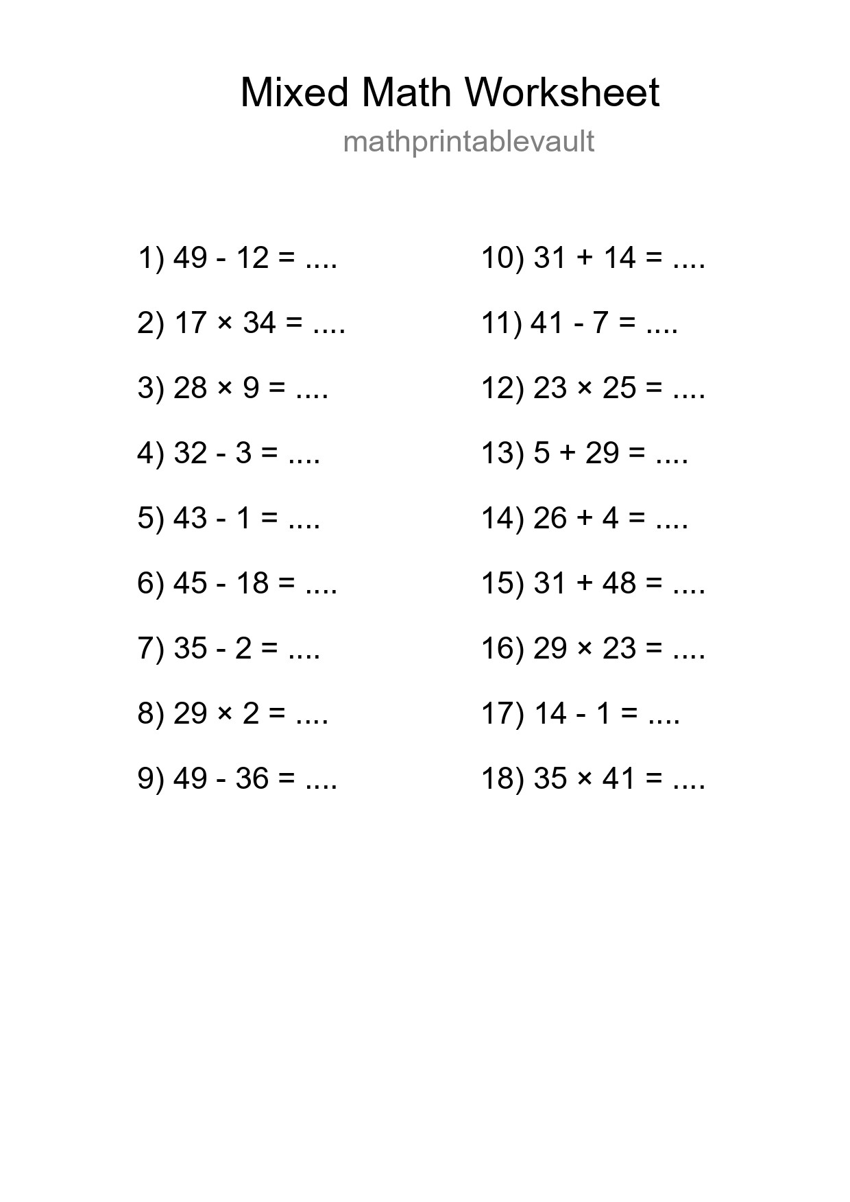Printable Mixed Operations Worksheet for Grade 3