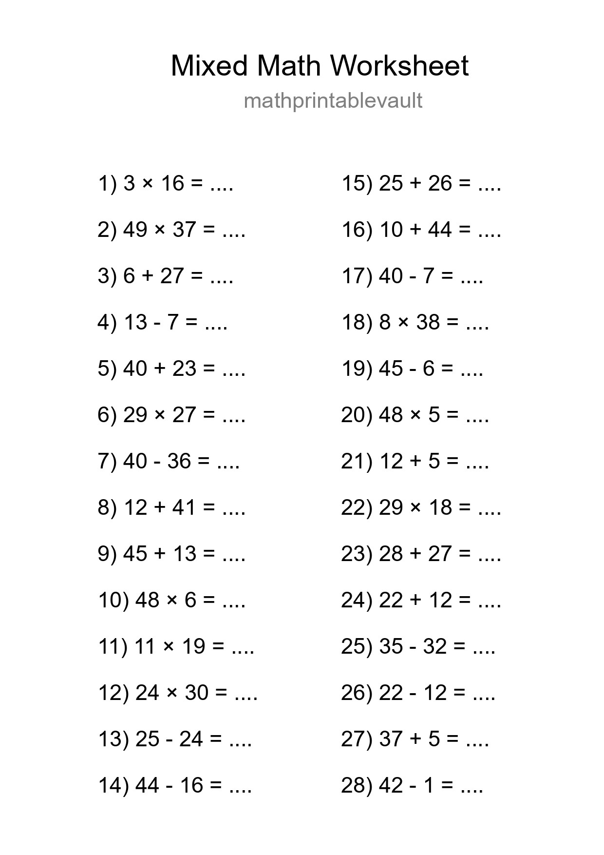 Mixed Operations Math Worksheet
