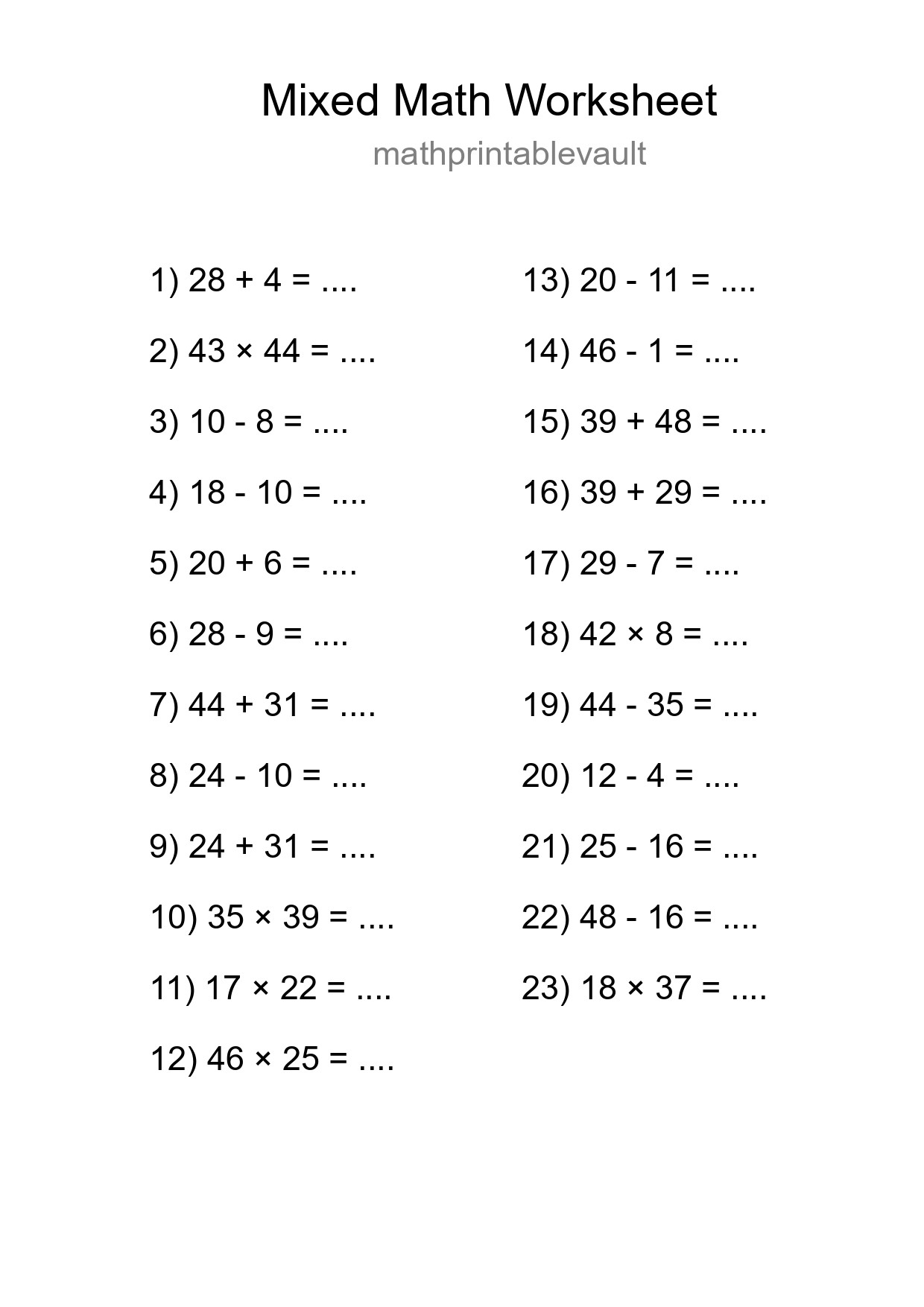Printable Mixed Operations Worksheet for Grade 3