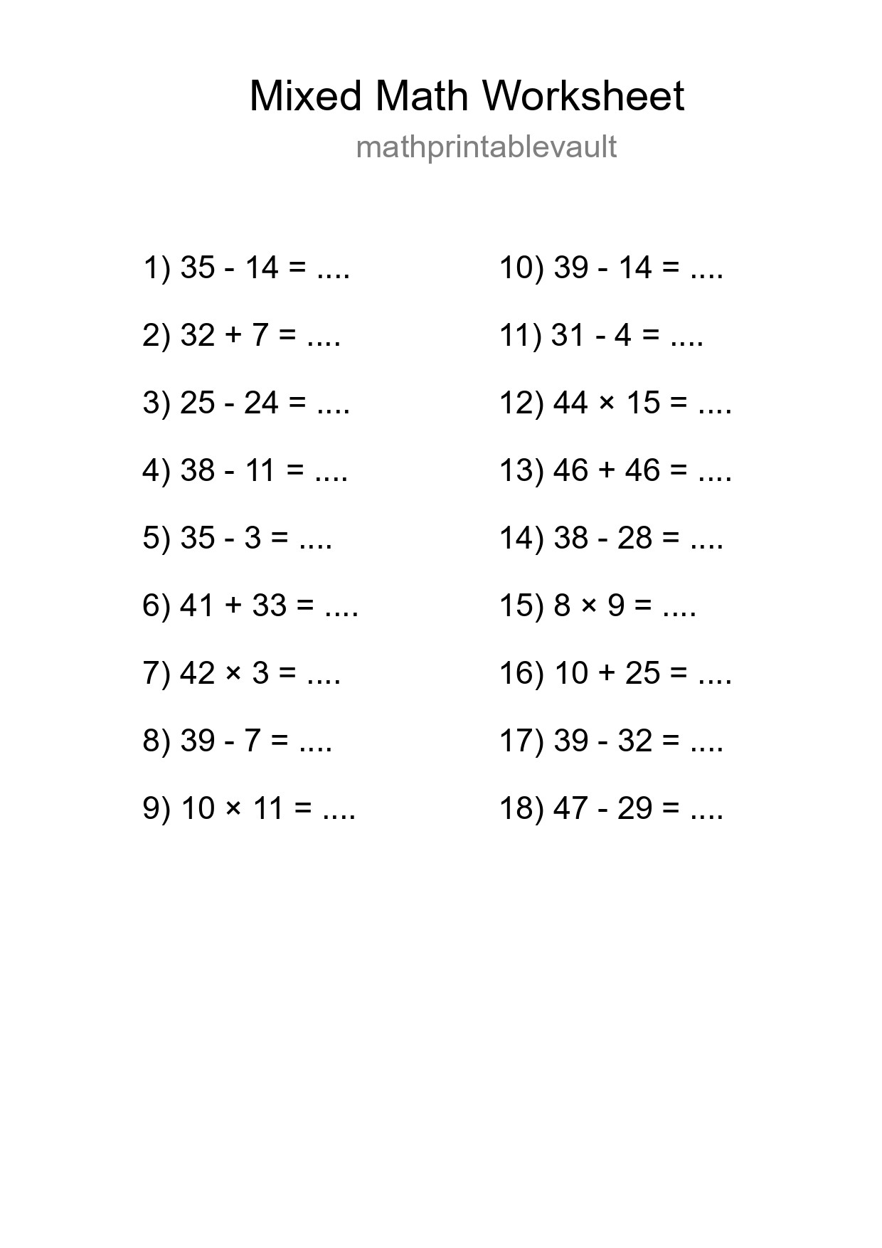 Mixed Operations Math Worksheet