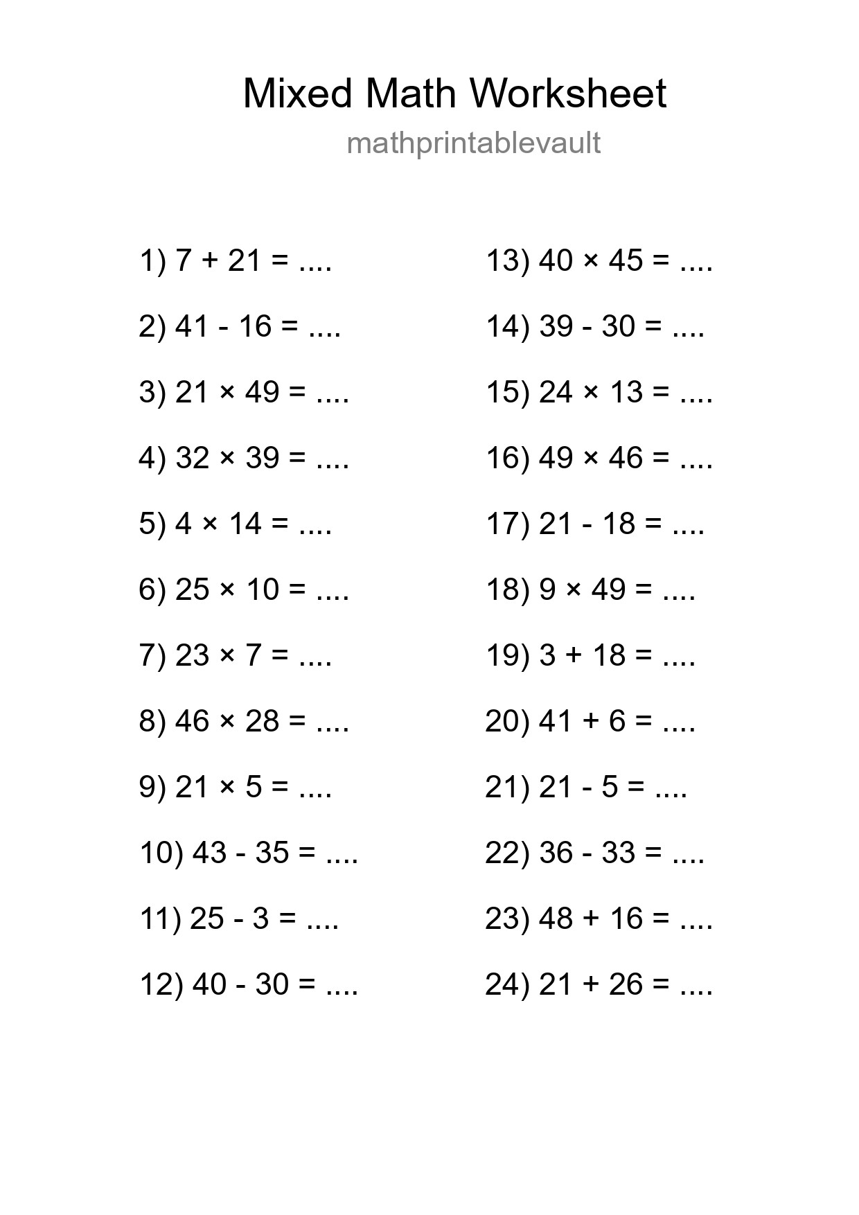 Mixed Operations Math Worksheet