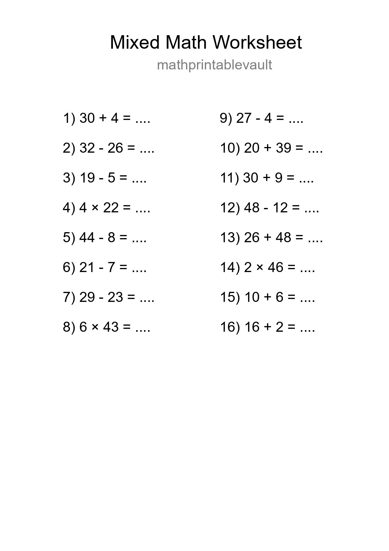 Printable Mixed Operations Worksheet for Grade 3