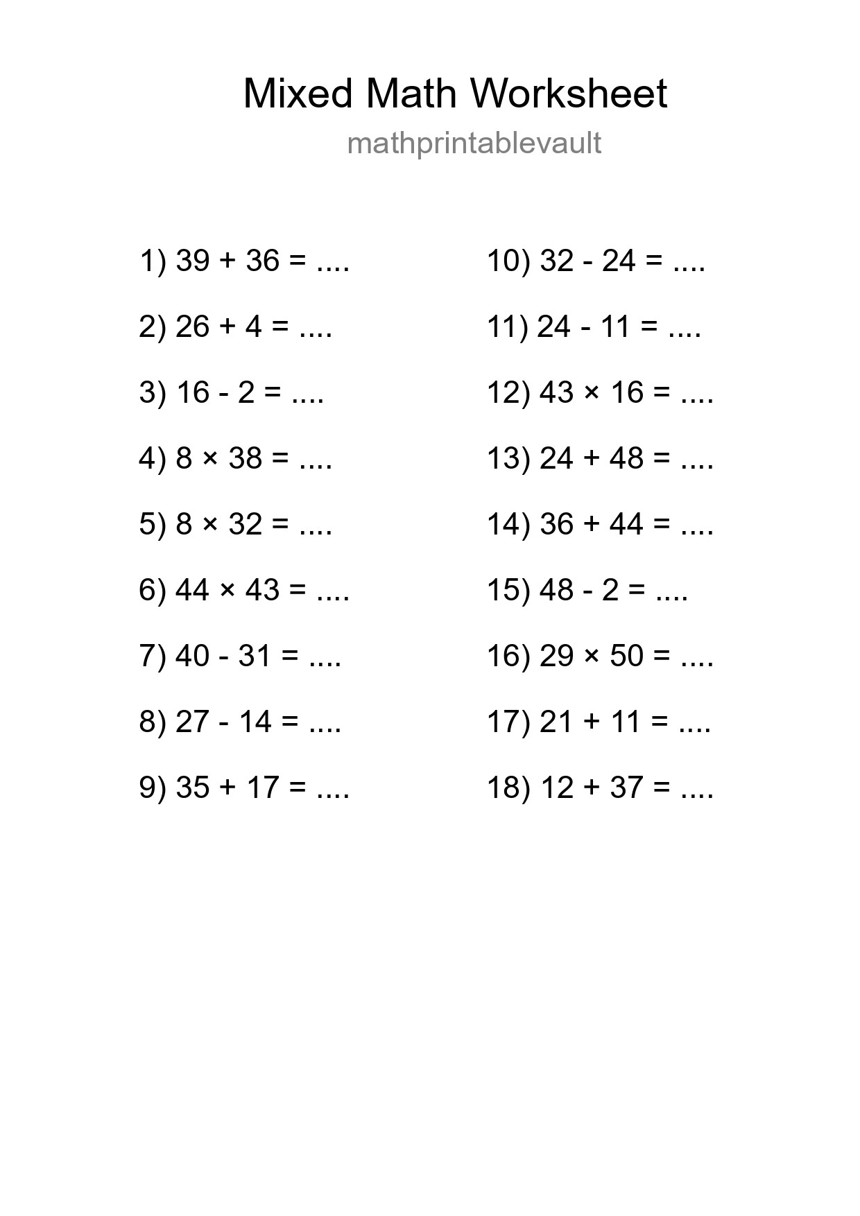 Mixed Operations Math Worksheet