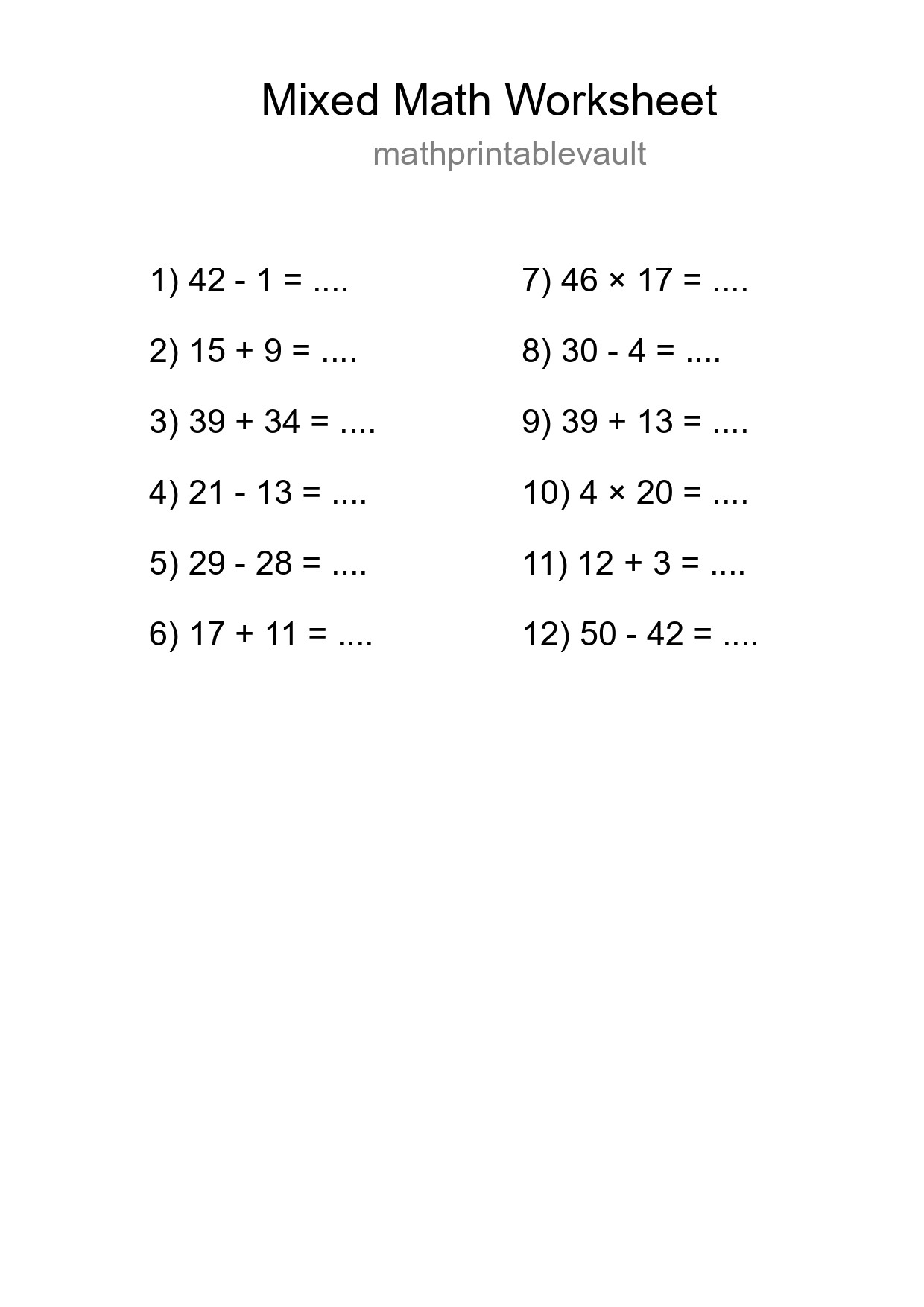 Mixed Operations Math Worksheet