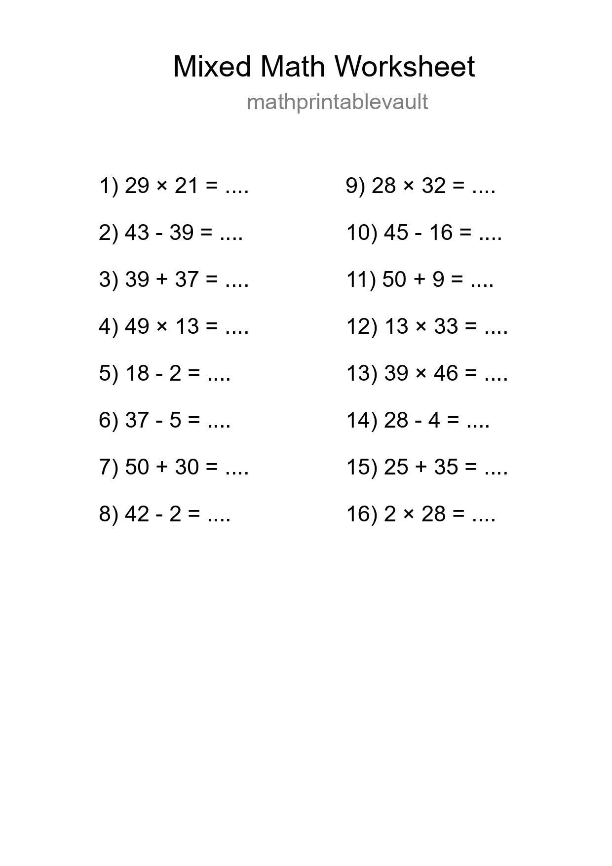Mixed Operations Math Worksheet
