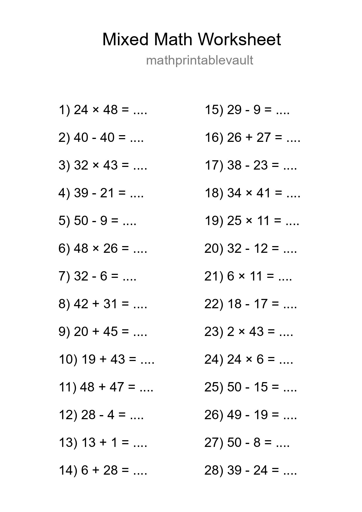 Mixed Operations Math Worksheet