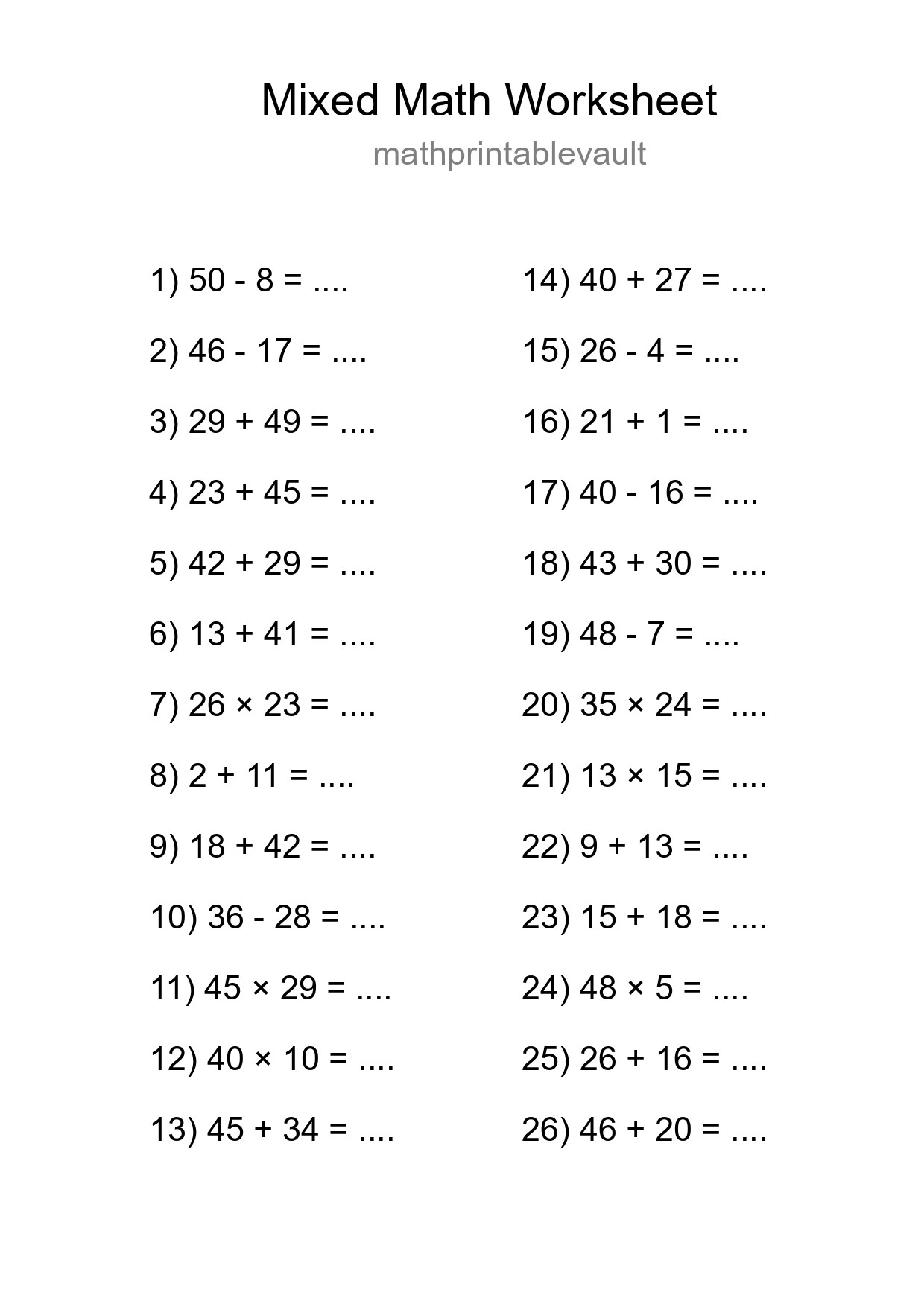 Printable Mixed Operations Worksheet for Grade 3