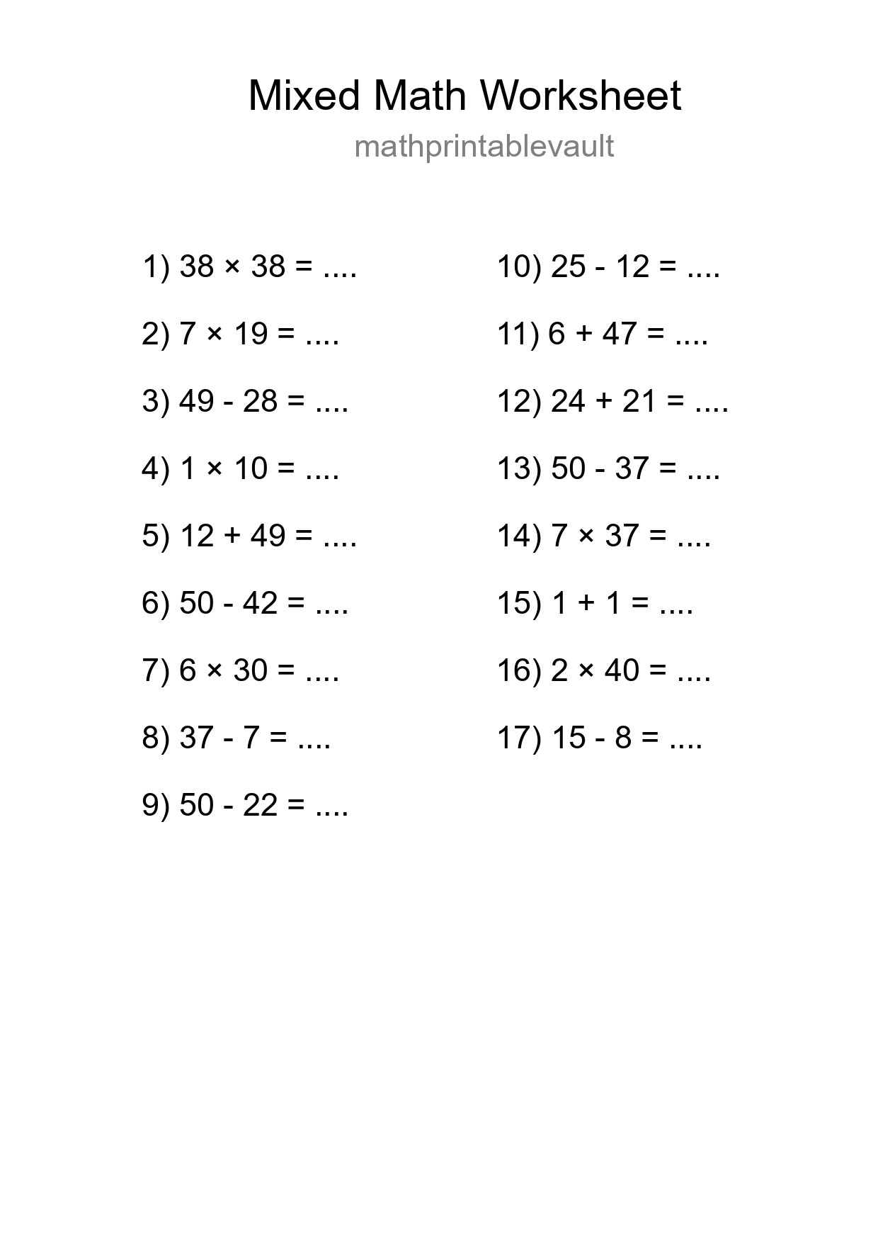 Mixed Operations Math Worksheet