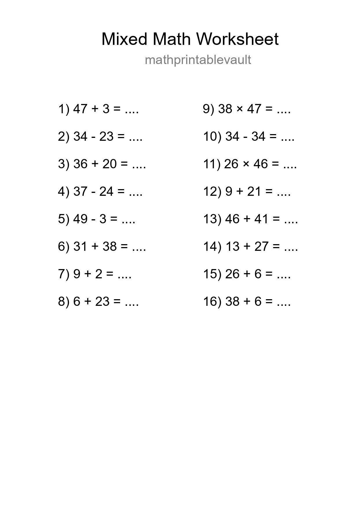 Printable Mixed Operations Worksheet for Grade 3