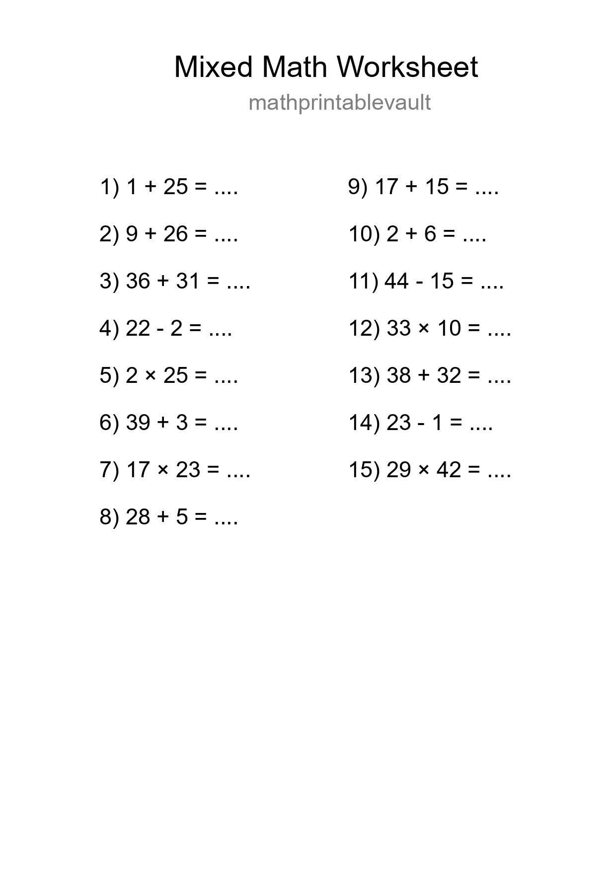Mixed Operations Math Worksheet