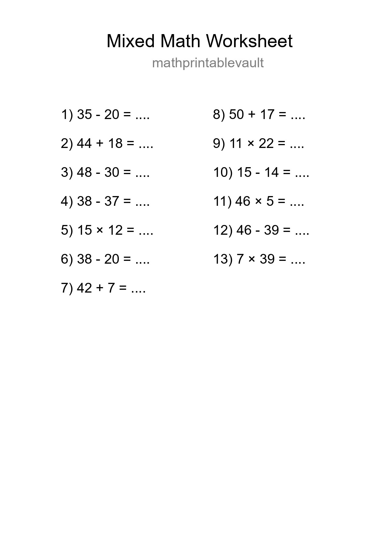 Printable Mixed Operations Worksheet for Grade 3