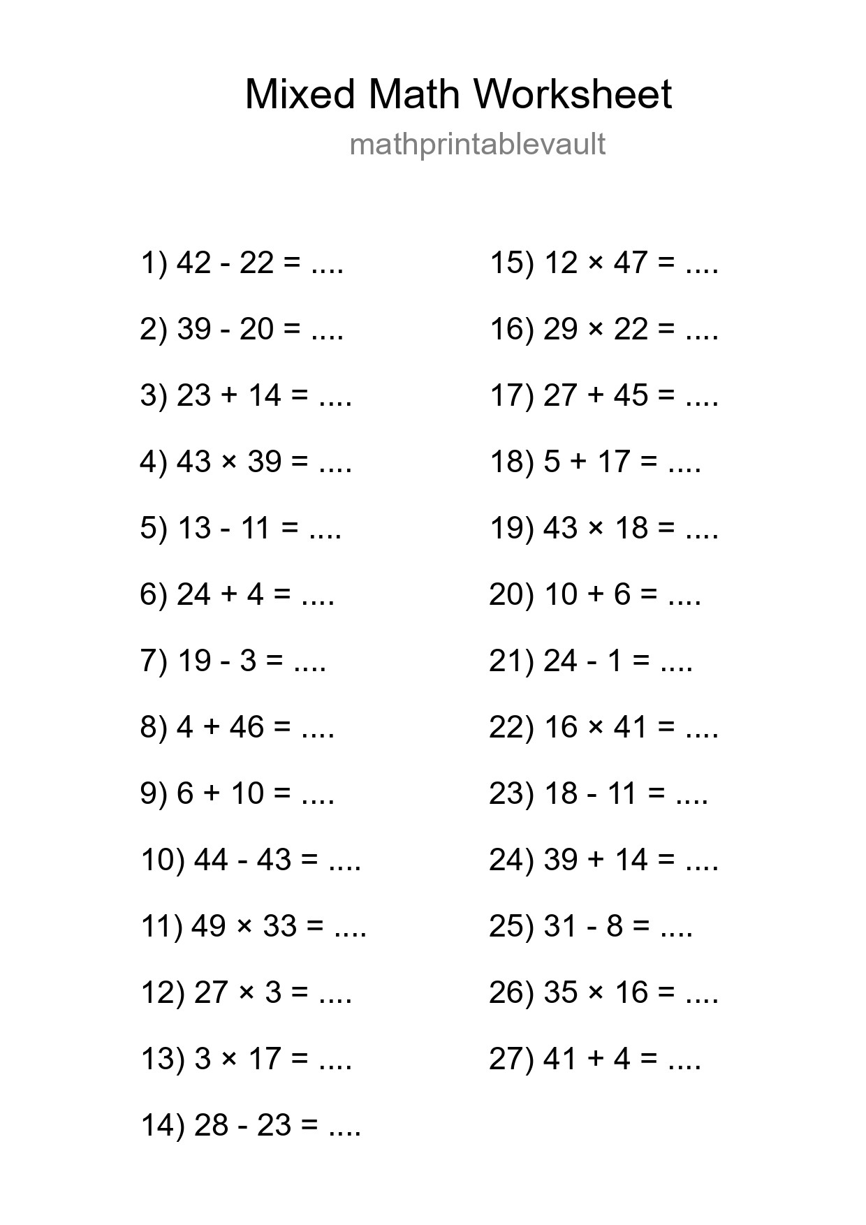 Printable Mixed Operations Worksheet for Grade 3