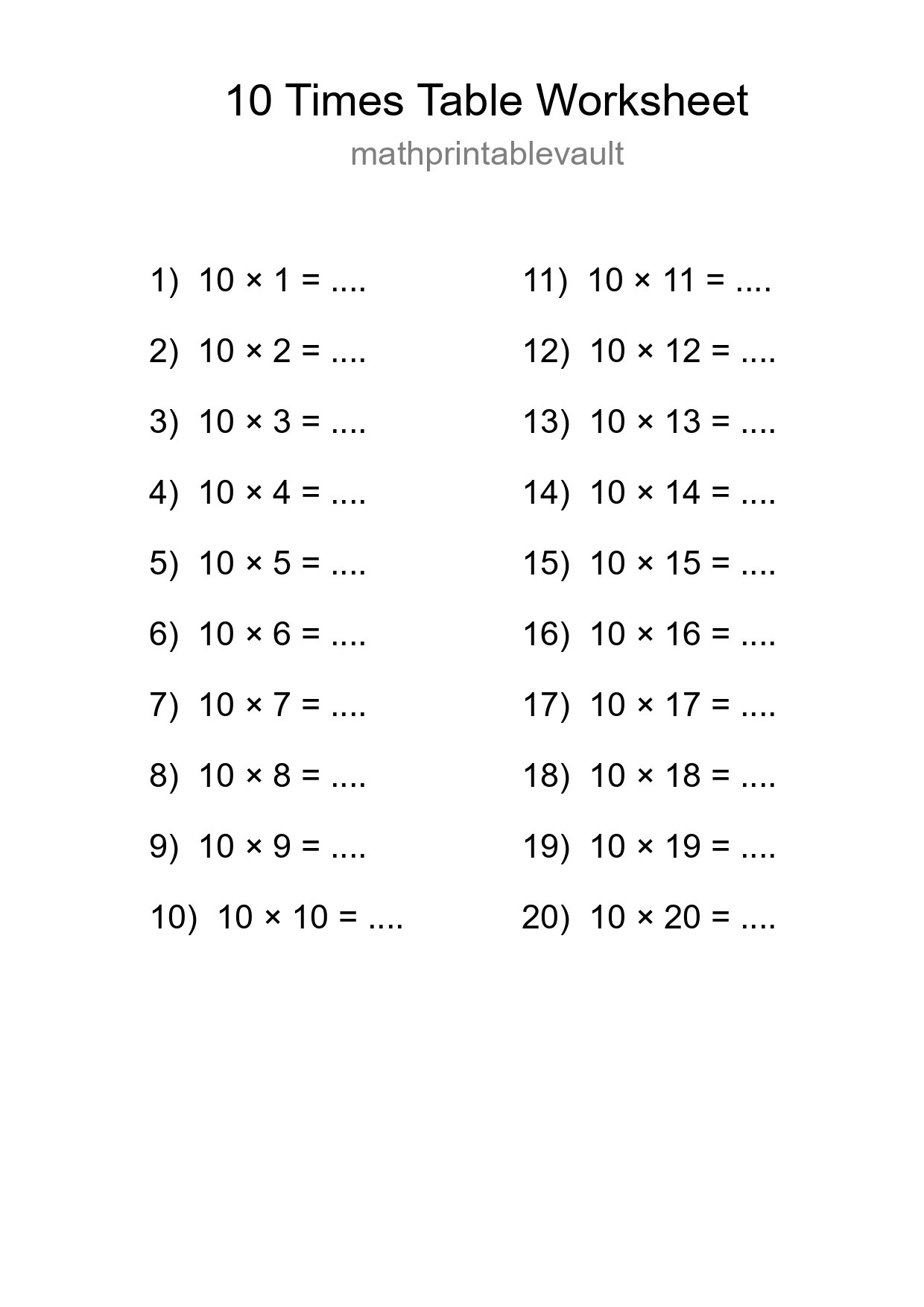 Printable 10 Times Table Worksheet For Grade 3 - Part 108