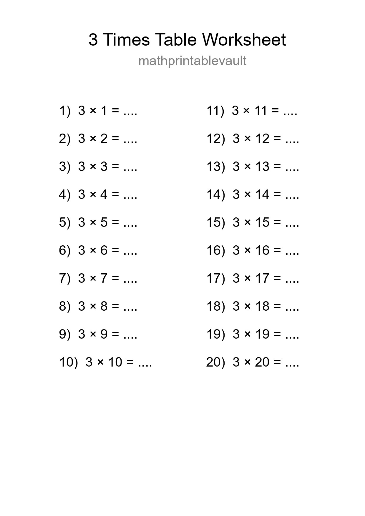 Printable 3 Times Table Worksheet For Grade 2 - Part 119