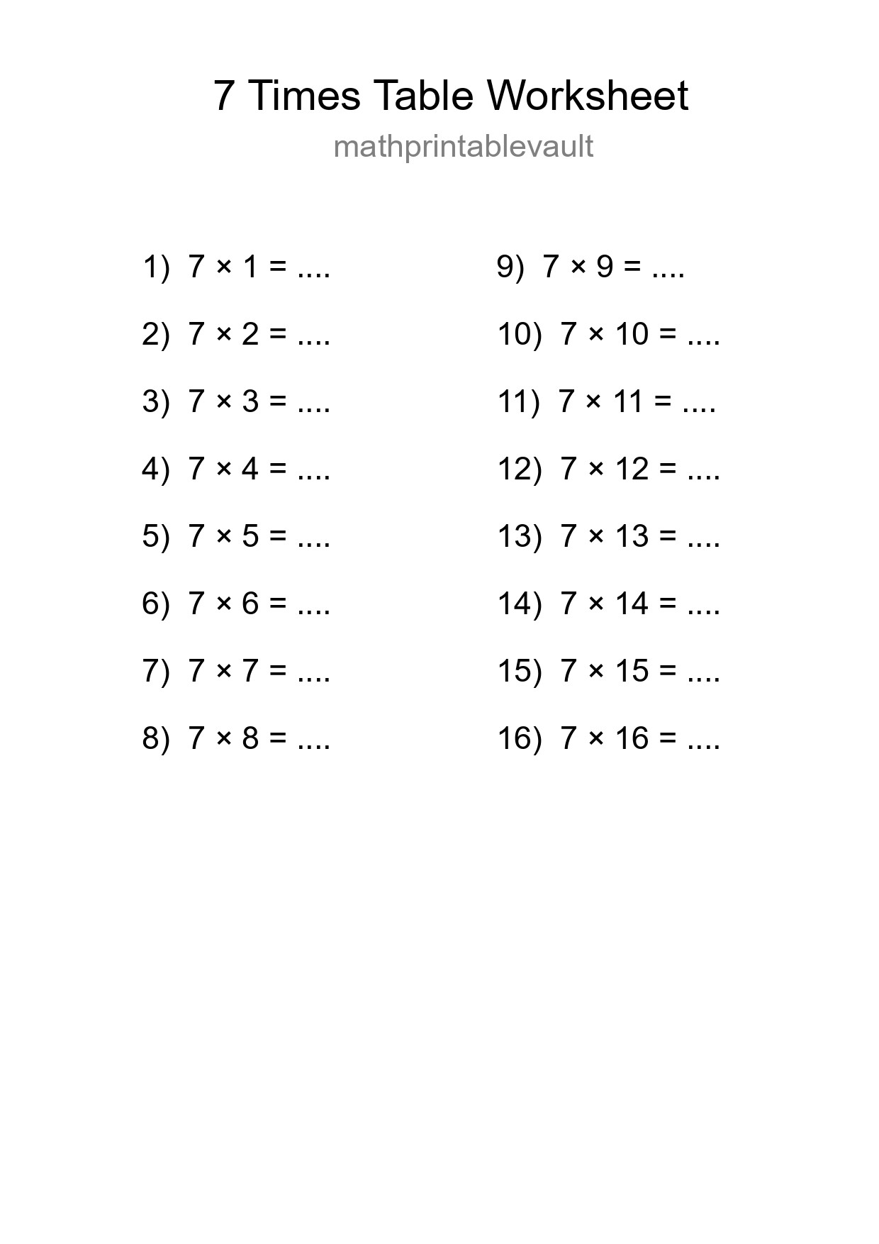 Printable Times Table Worksheet for Grade 3