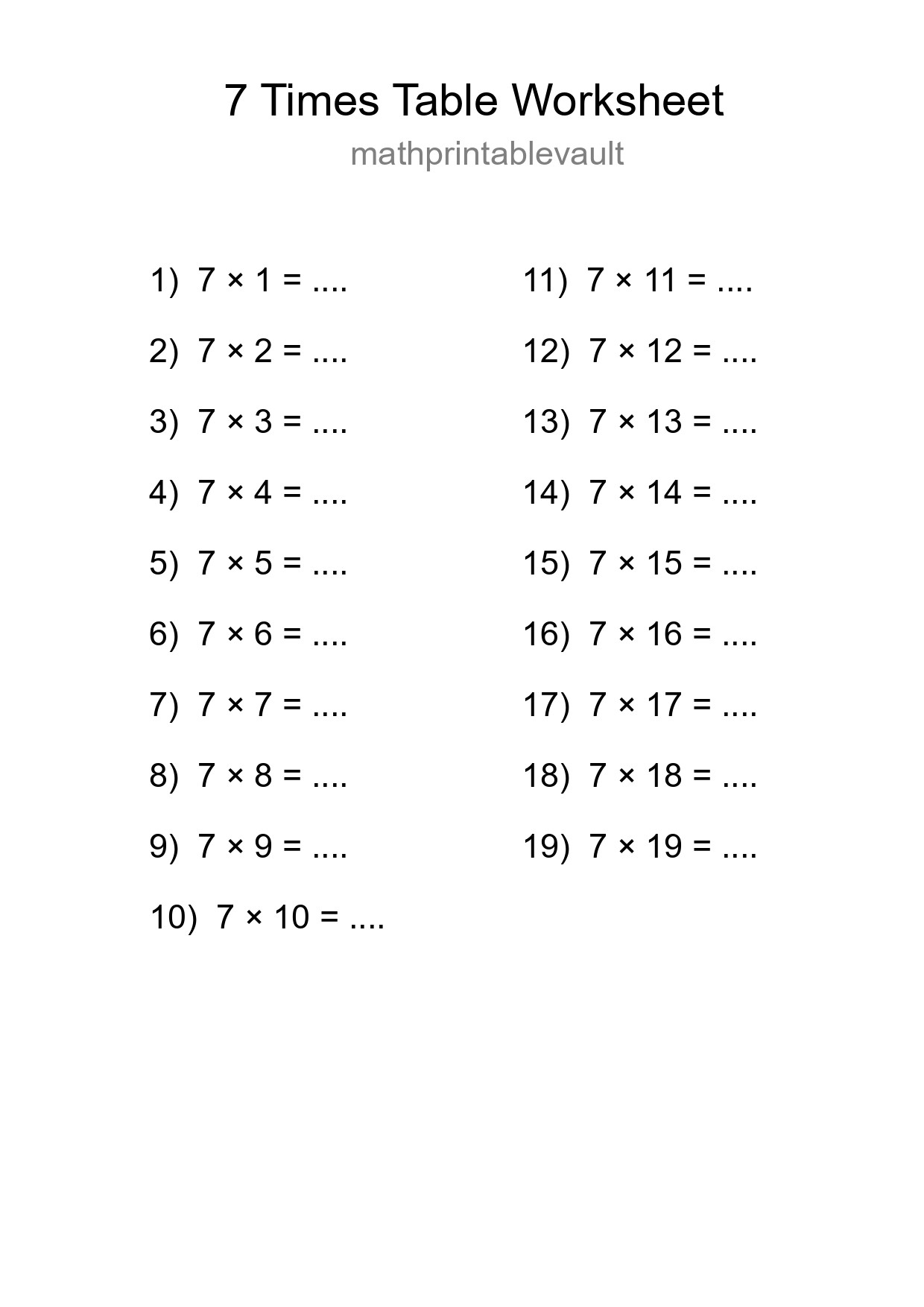 Printable 7 Times Table Worksheet For Grade 3 - Part 31