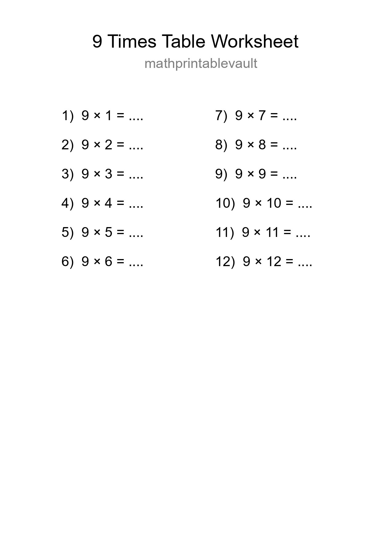 Printable 9 Times Table Worksheet For Grade 3 - Part 152