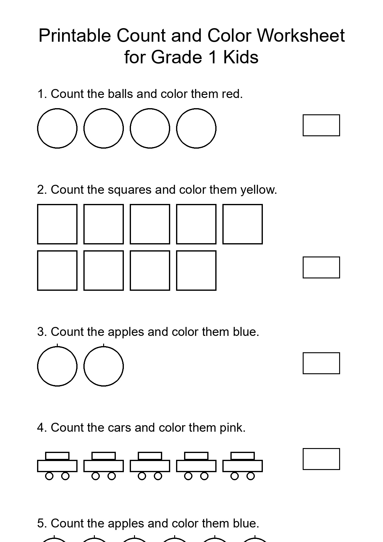 Printable Count and Color Worksheet for Grade 1 Kids
