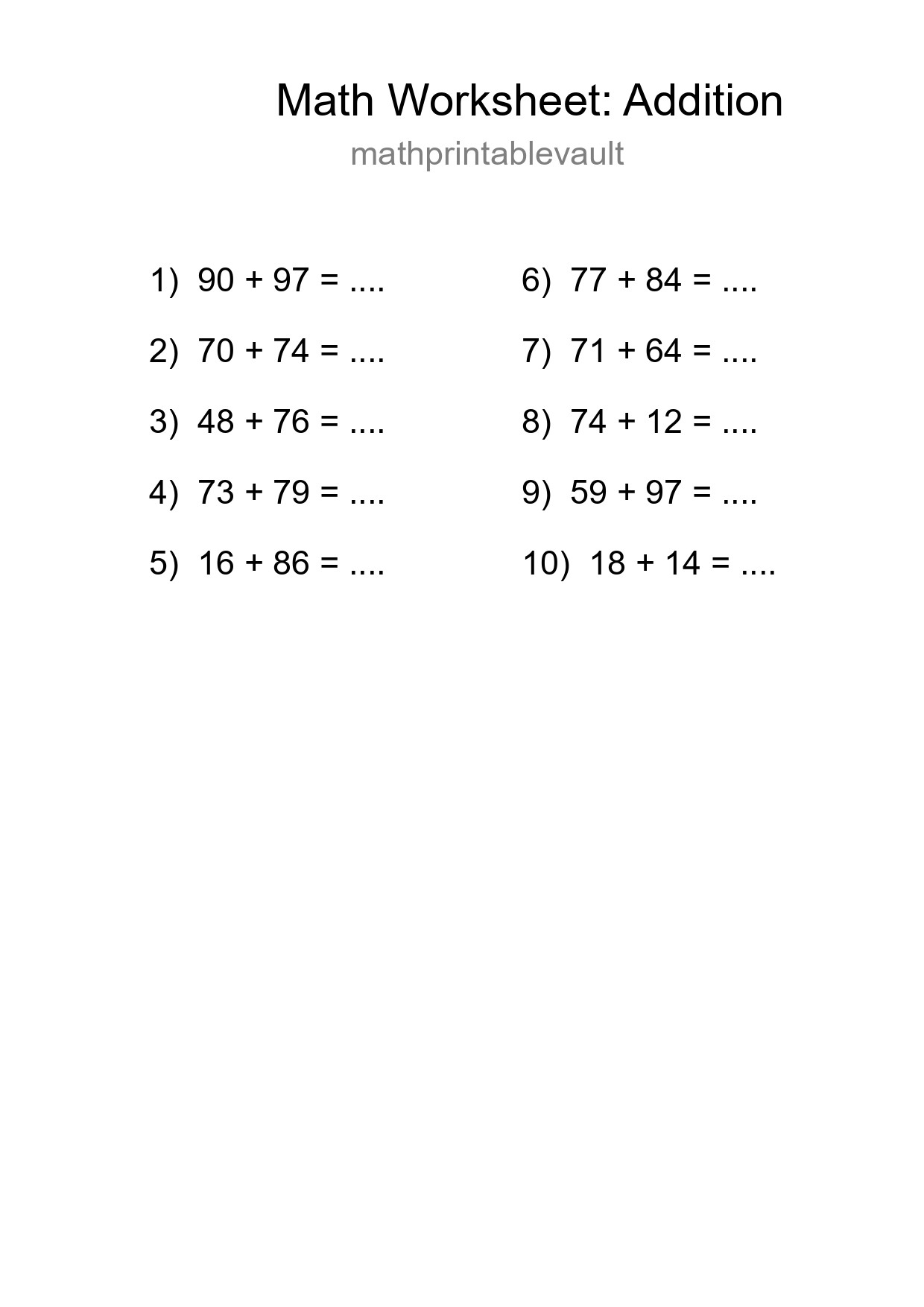 Printable Addition Worksheet for Grade 3