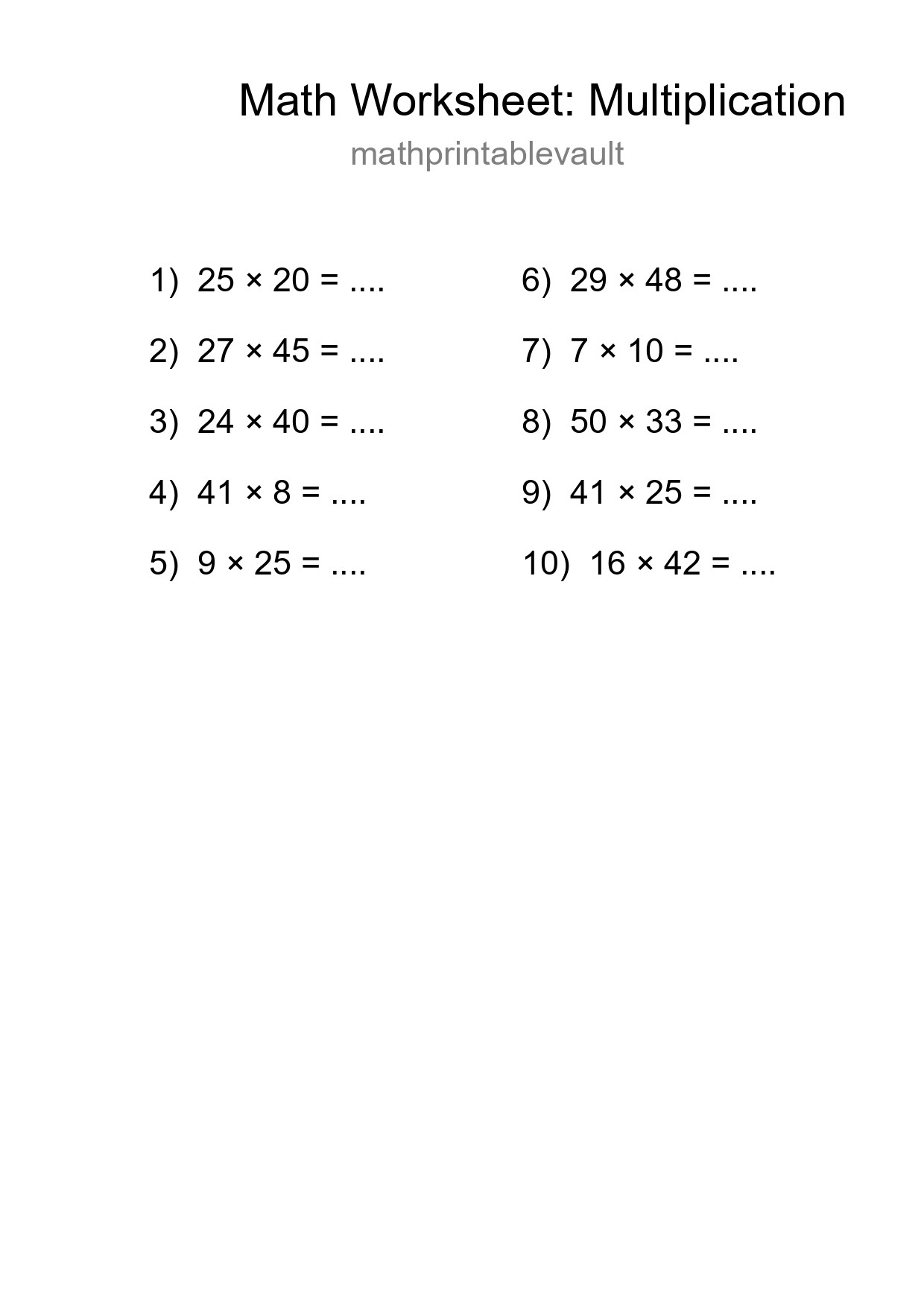 Printable Multiplication Worksheet for Grade 2