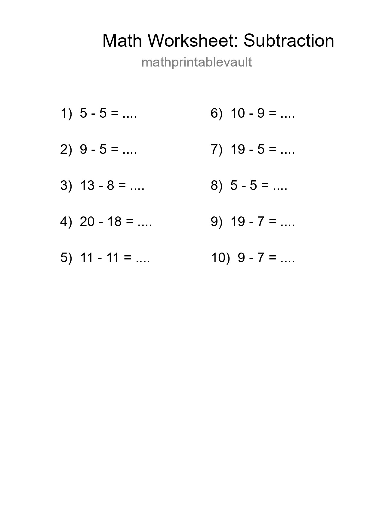 Printable Free 10 Subtraction Math Worksheet For Grade 2 - Part 85
