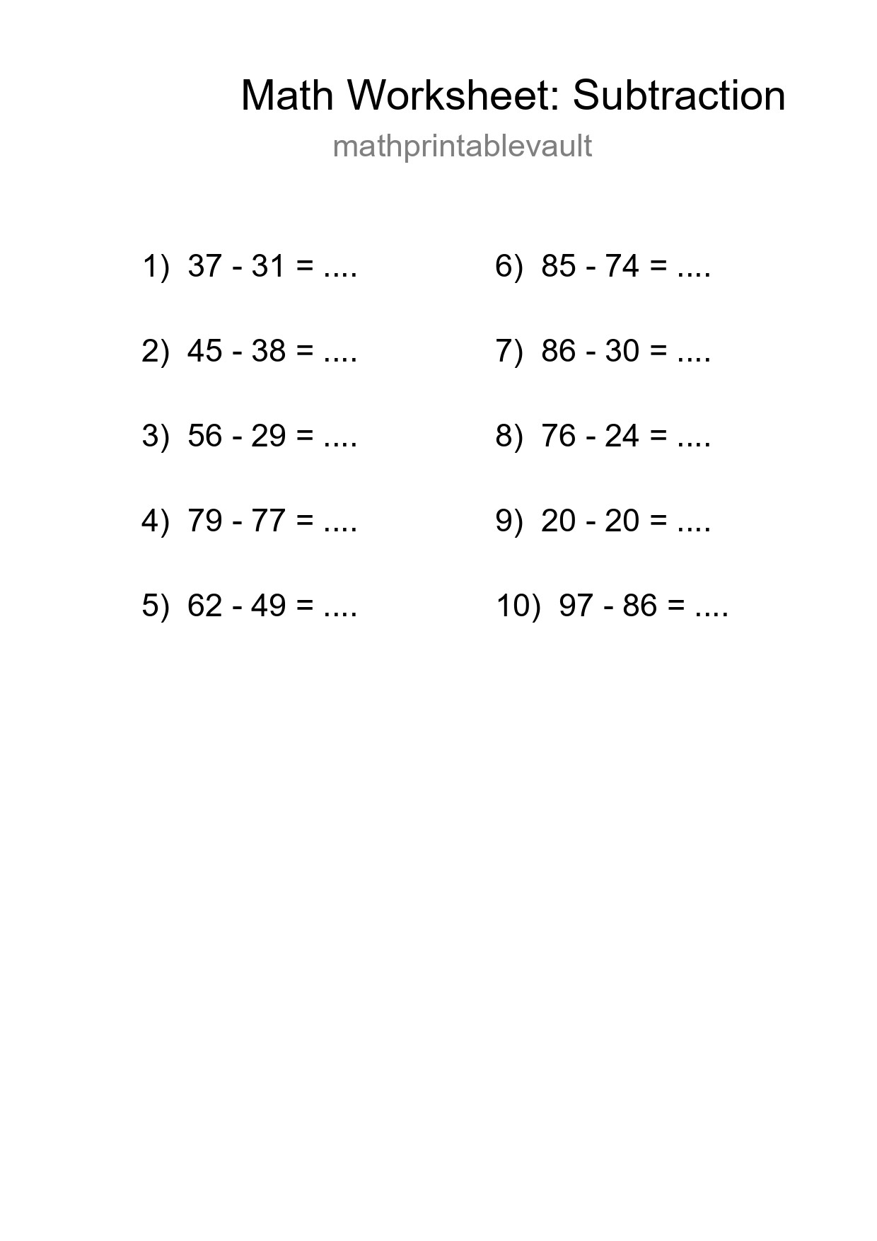 Printable Free 10 Subtraction Math Worksheet For Grade 3 - Part 41