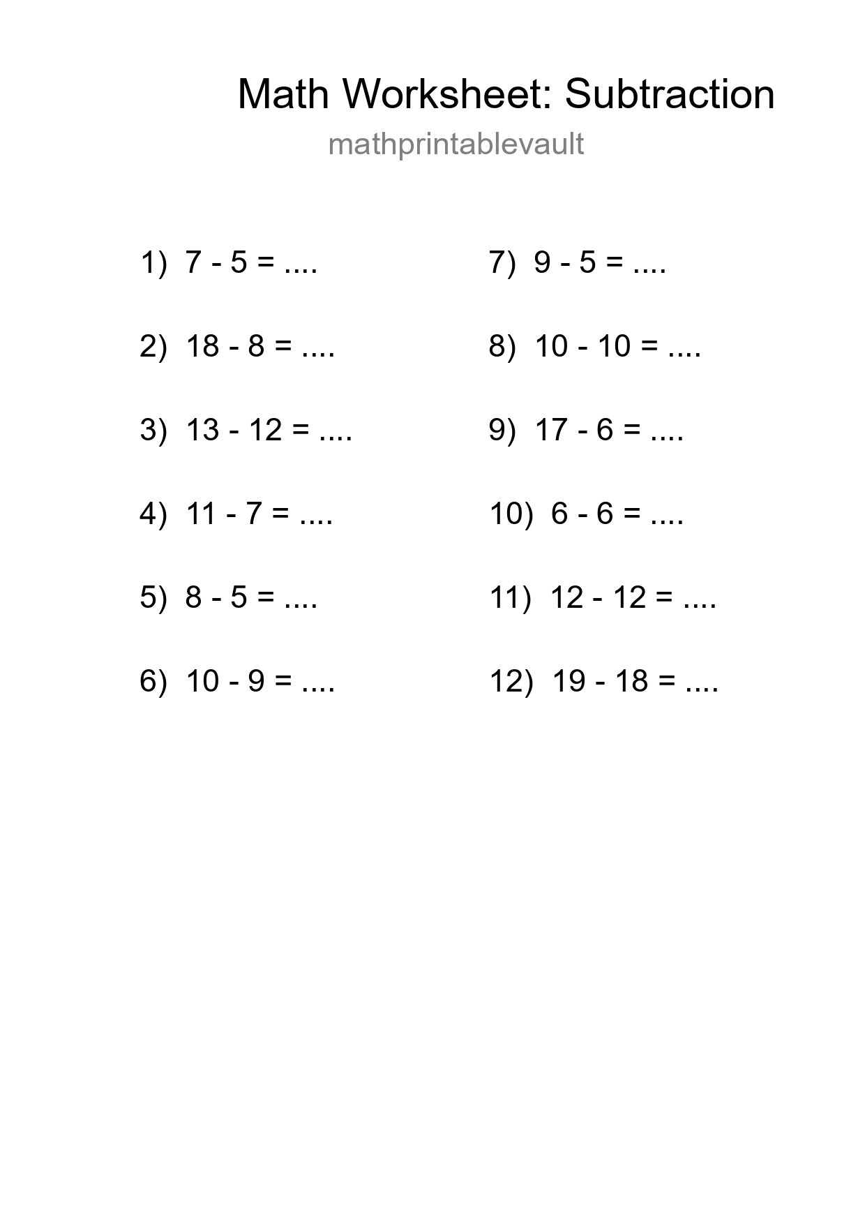 Printable Subtraction Worksheet for Grade 2