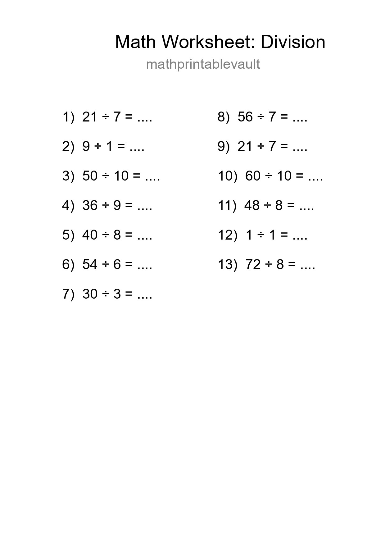 Printable Free 13 Division Math Worksheet For Grade 1 - Part 81