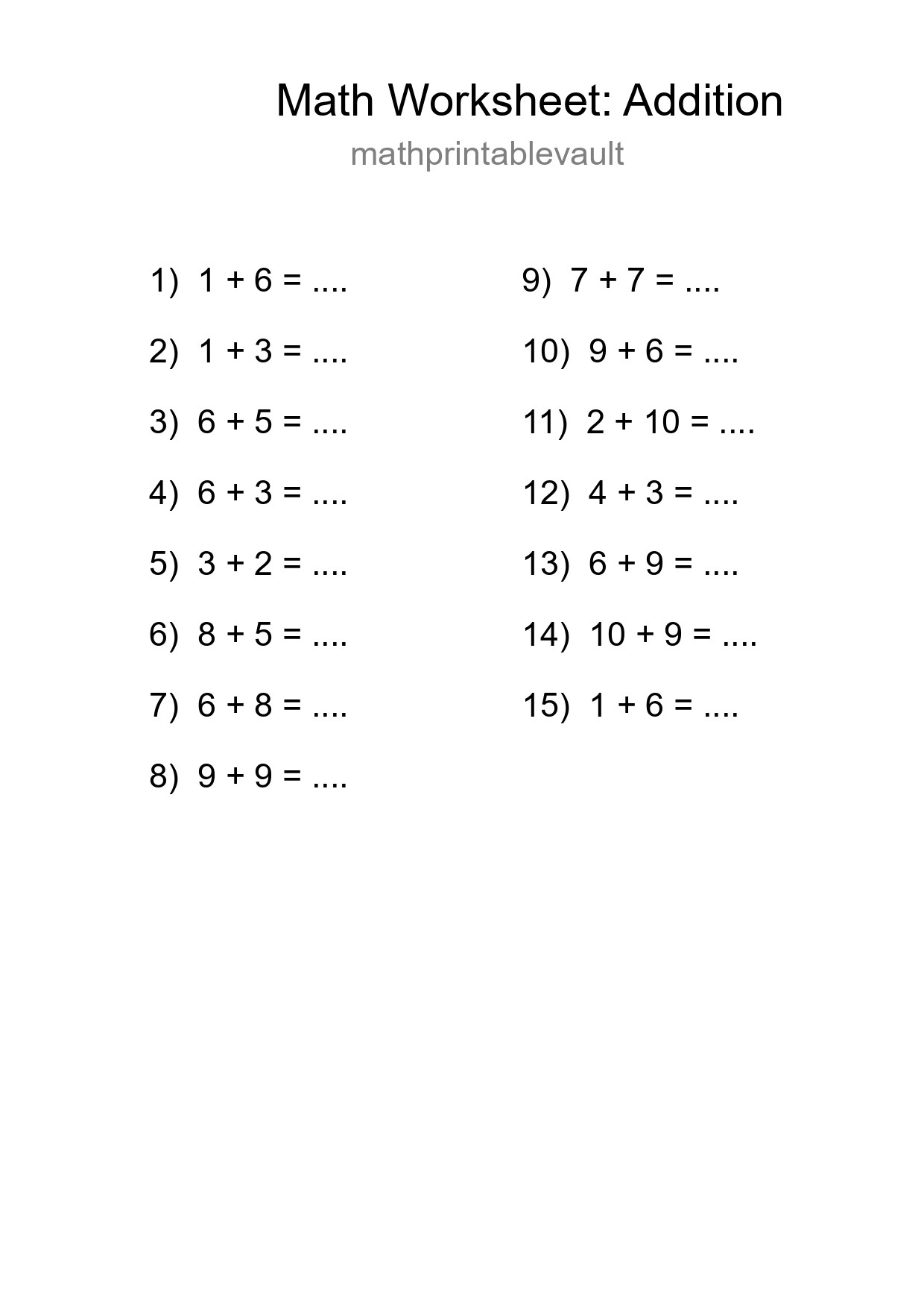 Printable Free 15 Addition Math Worksheet For Grade 1 - Part 100