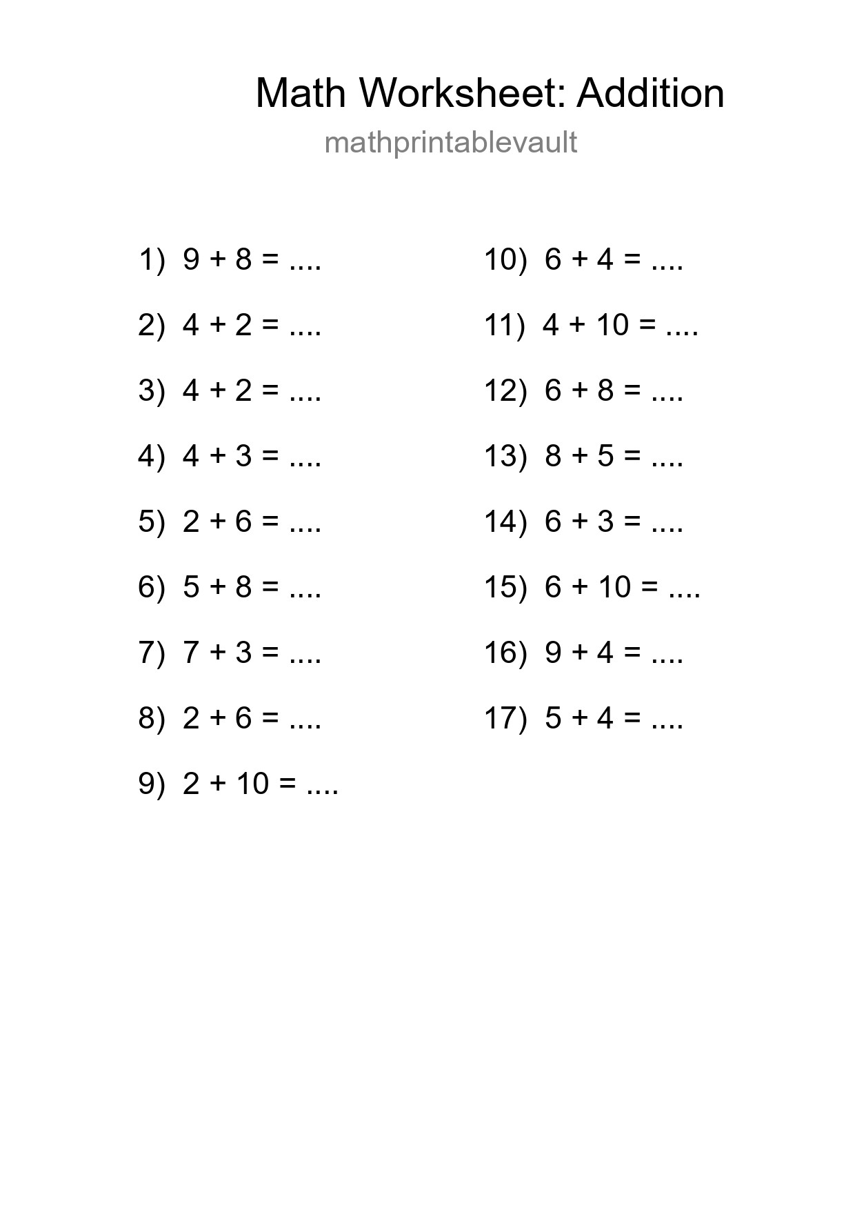 Printable Addition Worksheet for Grade 1