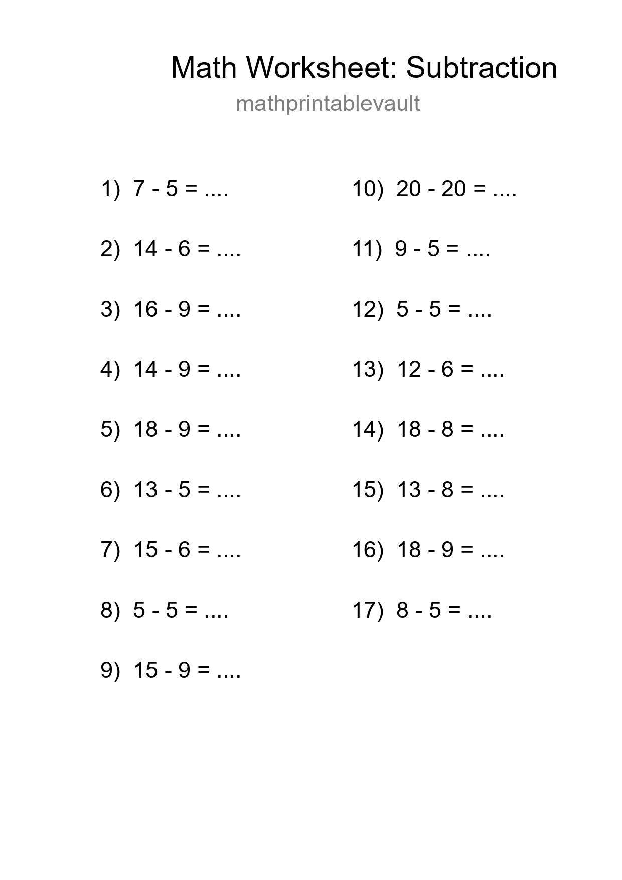 Printable Subtraction Worksheet for Grade 2
