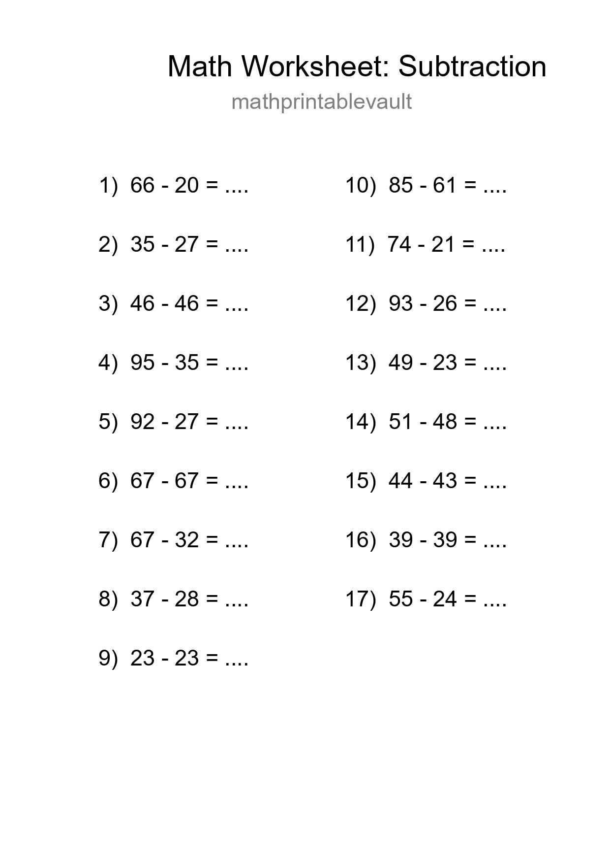 Printable Free 17 Subtraction Math Worksheet For Grade 3 - Part 63