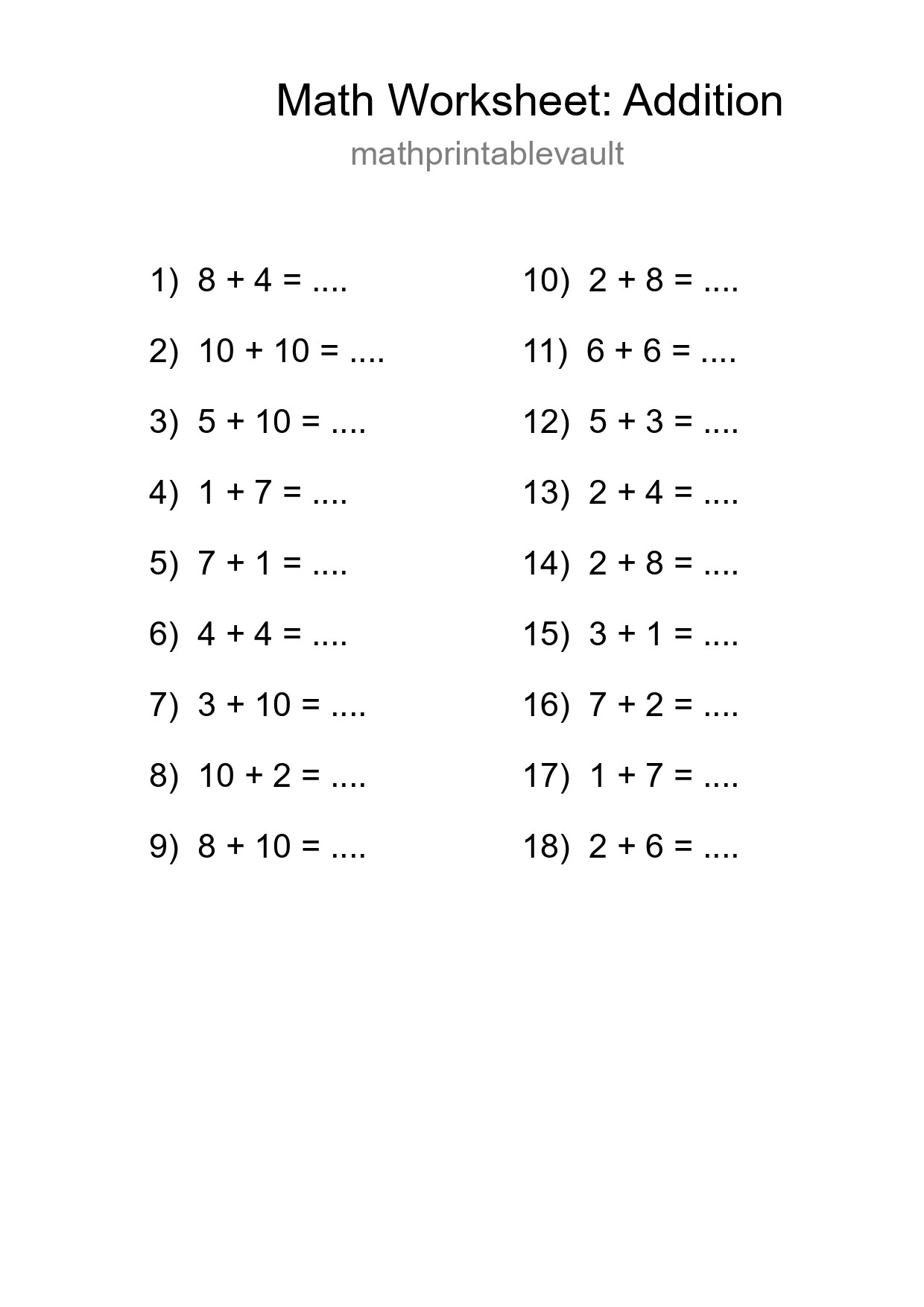 Printable Free 18 Addition Math Worksheet For Grade 1 - Part 155